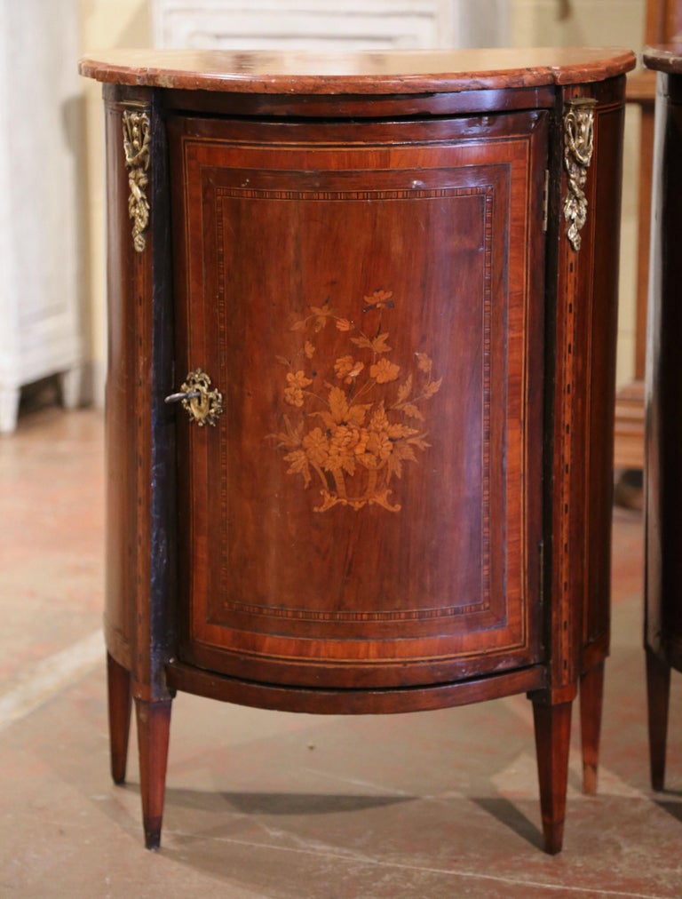 Mid19th Century Napoleon III Marble Top Marquetry Demilune Nightstands