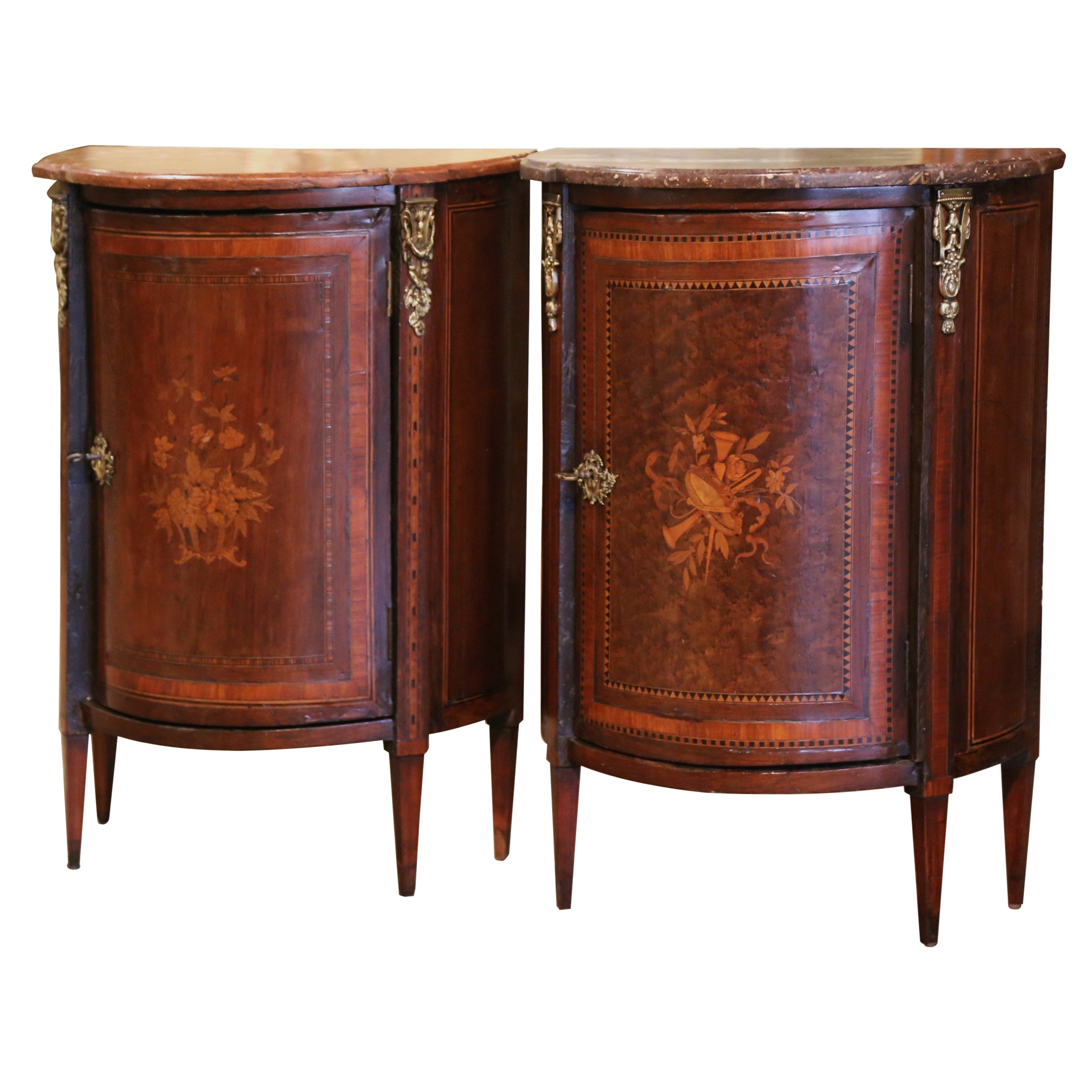 Mid-19th Century Napoleon III Marble Top Marquetry Demilune Nightstands-Set of 2
