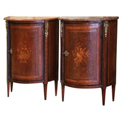 Mid-19th Century Napoleon III Marble Top Marquetry Demilune Nightstands-Set of 2