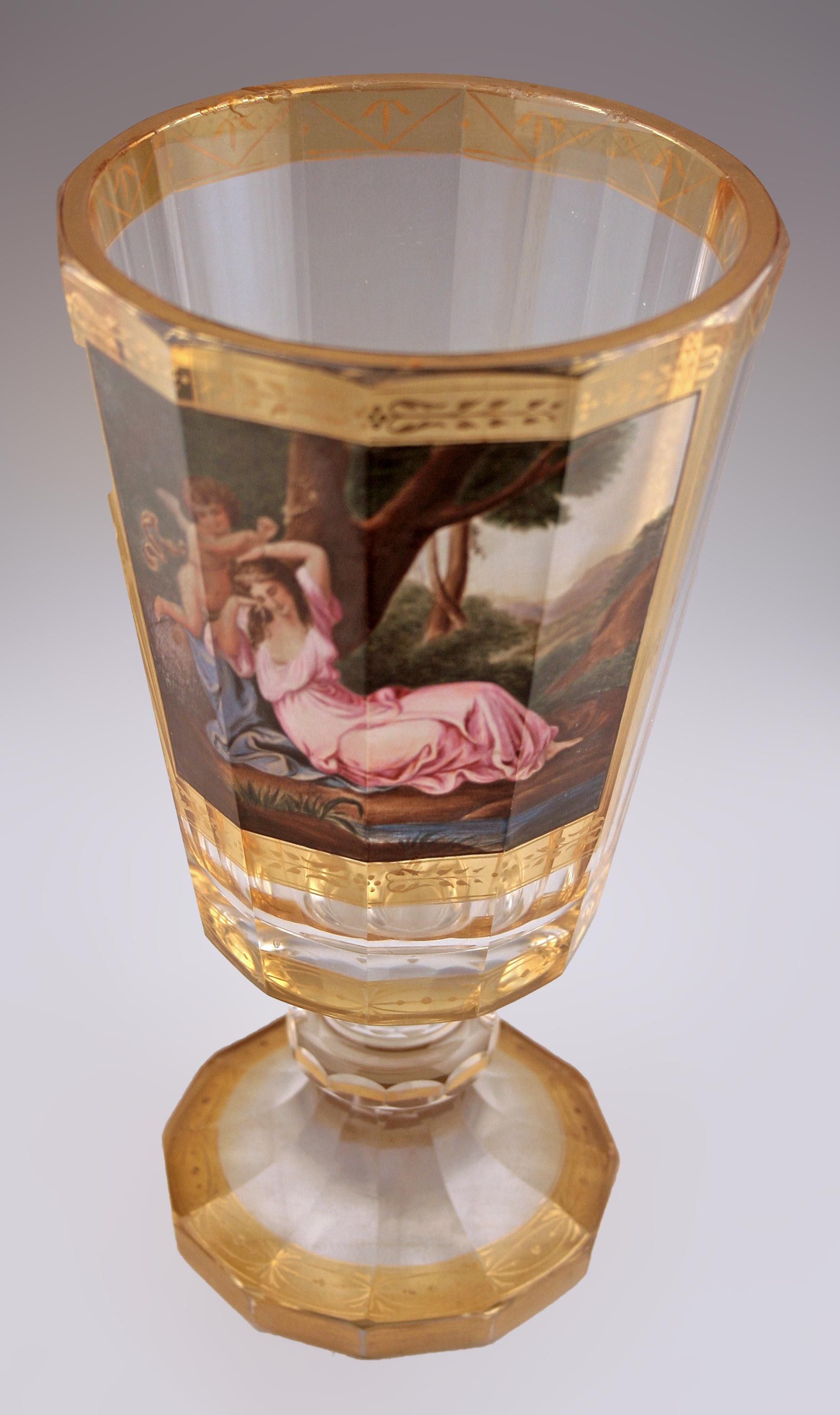 Austrian Mid-19th Century Neoclassical Gilt Footed Glass Goblet/Cup with Hand-Made Paint For Sale