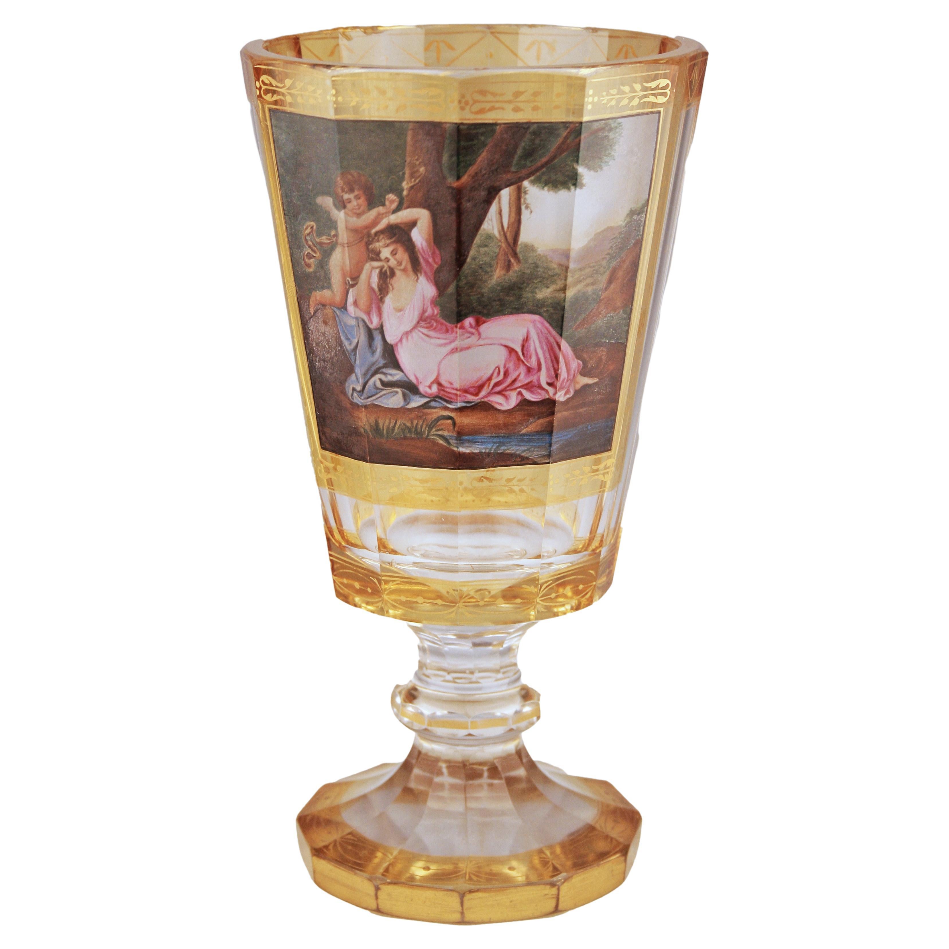 Mid-19th Century Neoclassical Gilt Footed Glass Goblet/Cup with Hand-Made Paint For Sale
