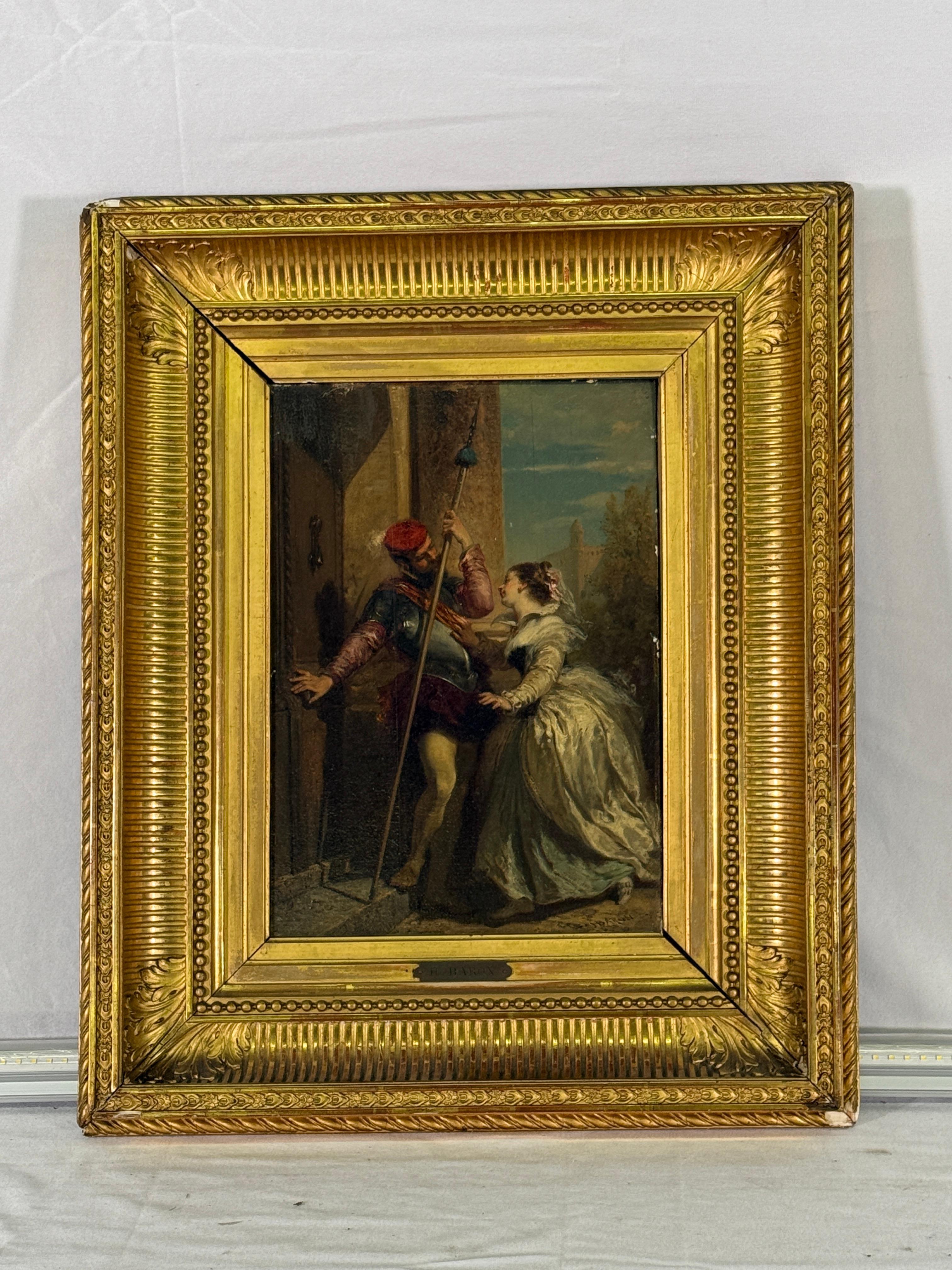 Mitte des 19. Jahrhunderts Öl auf Brett Romantische Malerei einer Dame und Wache. Rahmen aus Giltwood im Empire-Stil. Von Henri Baron (1816-1885) 
Schönes Gemälde in Frankreich gekauft. Altersgerechte Abnutzung, siehe detaillierte Fotos oder