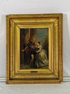 Mitte 19. Jahrhundert Öl auf Karton Romantisches Gemälde von Dame und Wächter