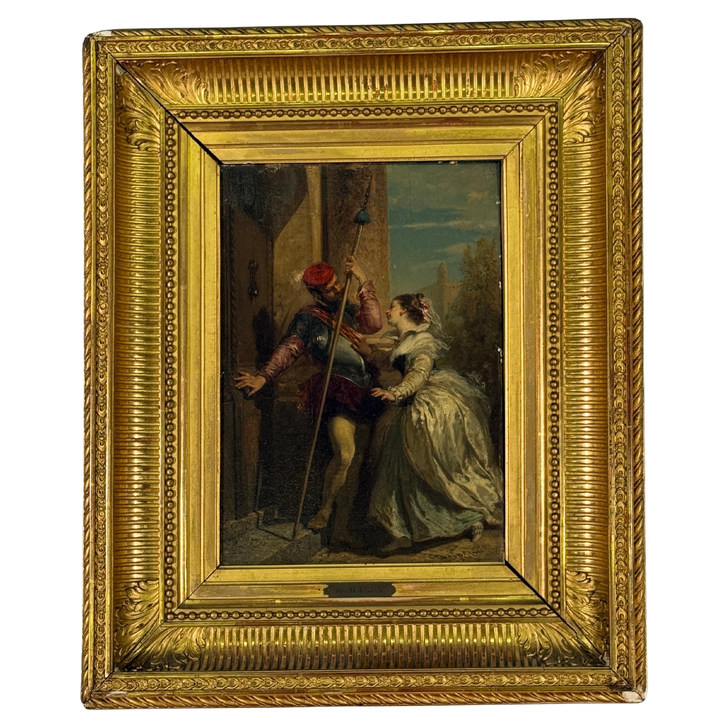 Mid 19th Century Oil on Board Romantic Painting of Lady & Guard