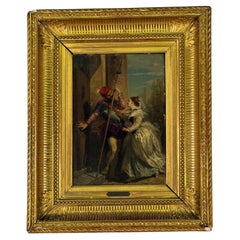 Mid 19th Century Oil on Board Romantic Painting of Lady & Guard