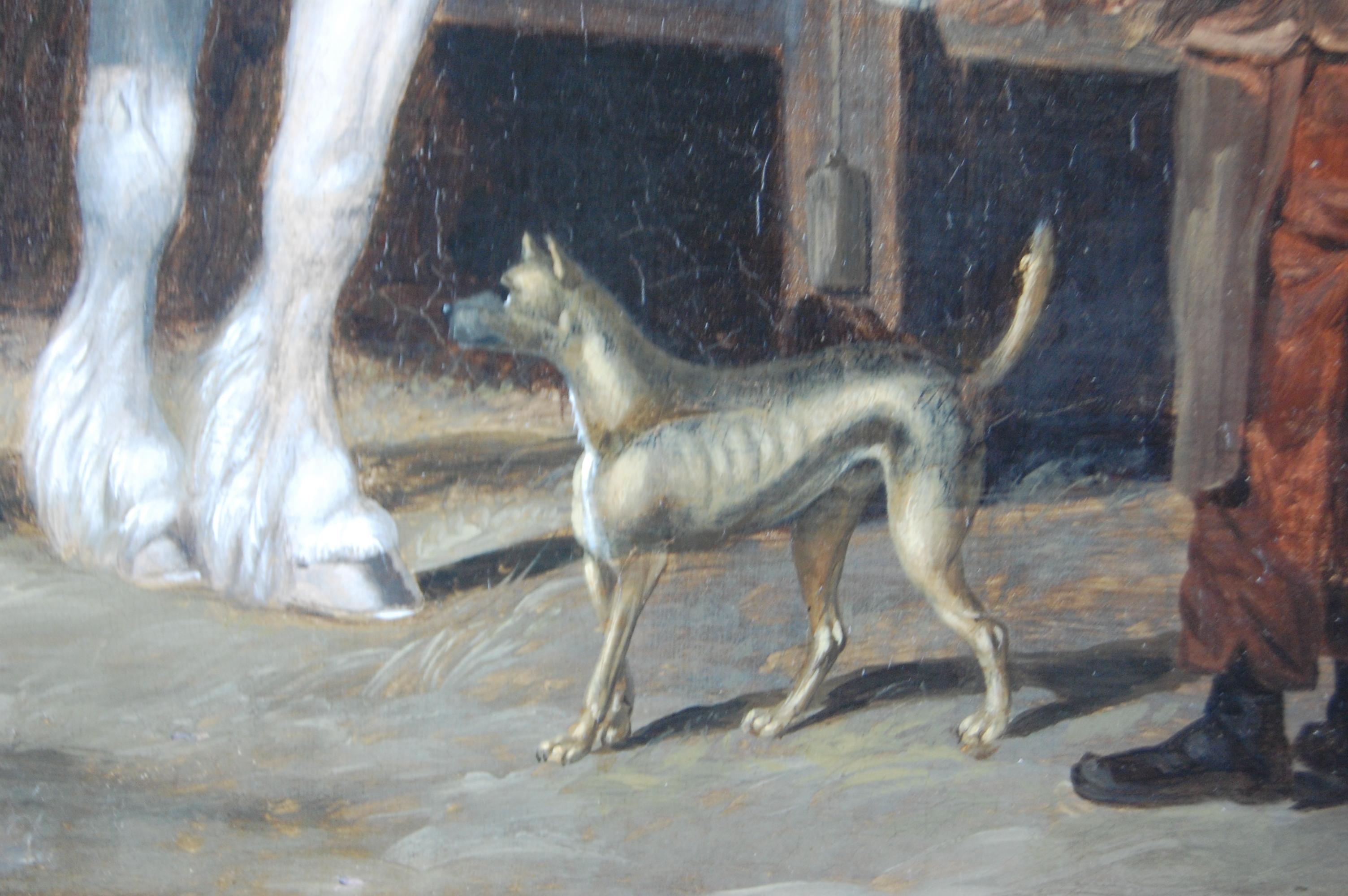 A characterful grey horse with two dark bays in the background. Dog and groom in the foreground. In original gold painted frame.
Signed on the reverse Hy Woollett: Henry Charles Woollett (circa 1826-1893), a popular 19th century painter of animals,