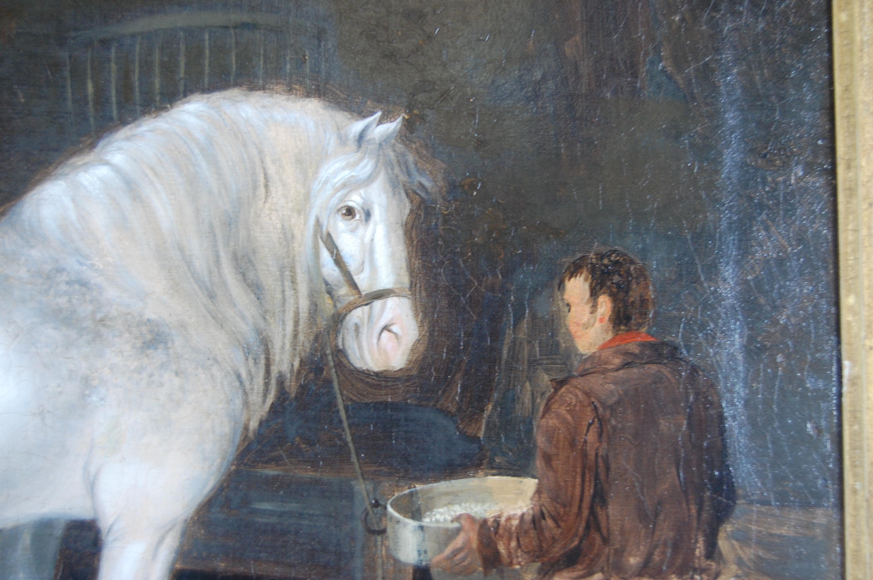 English Mid-19th Century Oil on Canvas Horses in a Stable by Henry Woollett