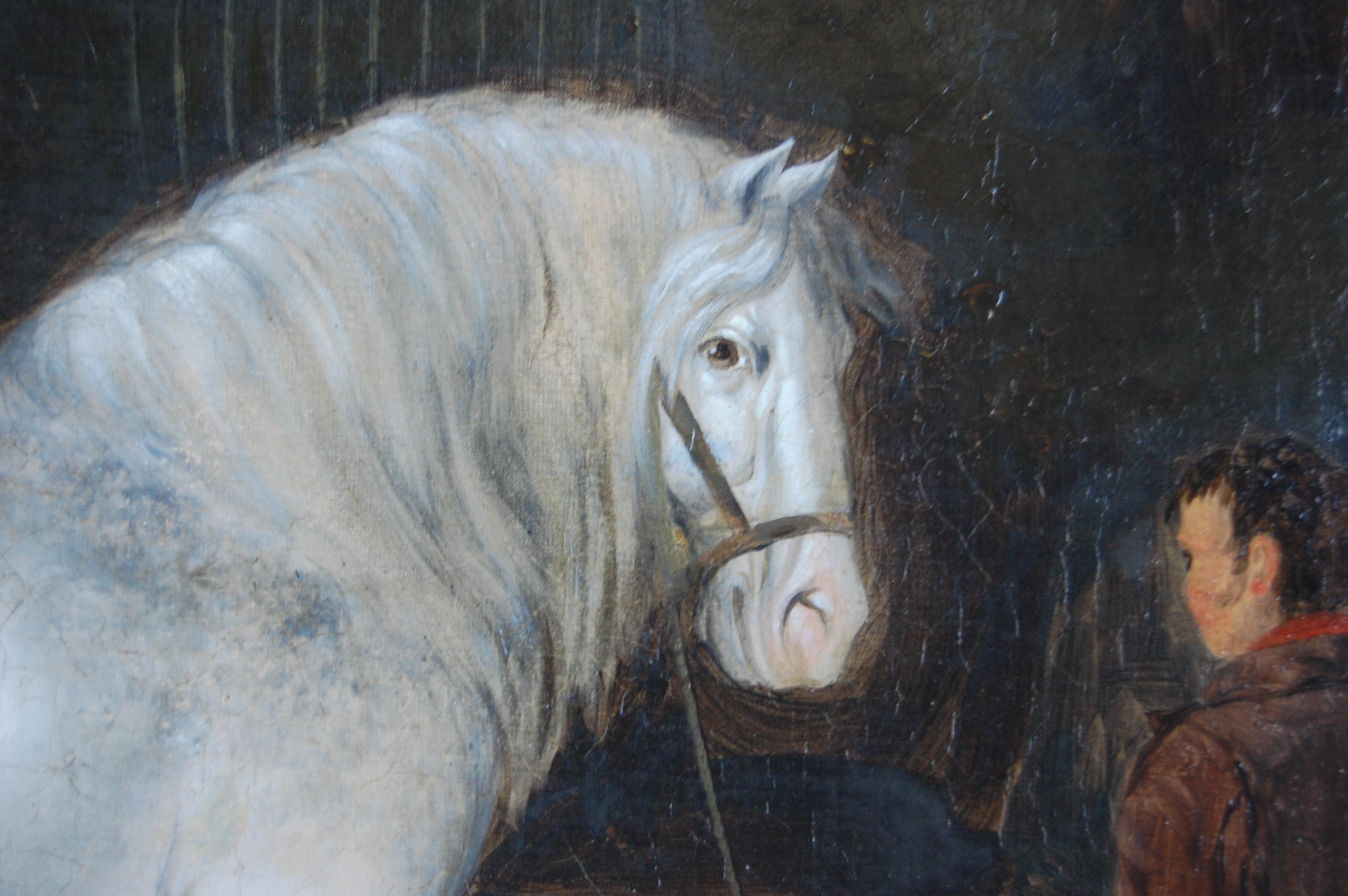 Painted Mid-19th Century Oil on Canvas Horses in a Stable by Henry Woollett