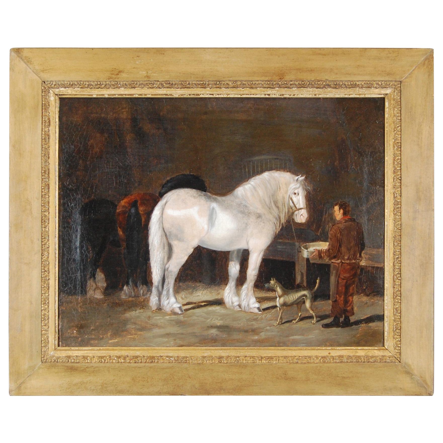Mid-19th Century Oil on Canvas Horses in a Stable by Henry Woollett