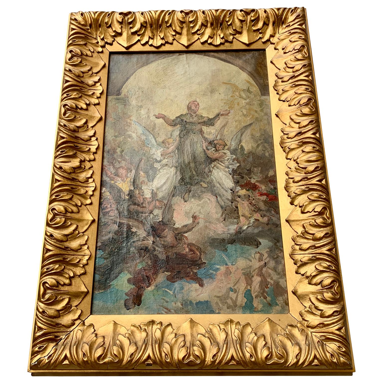 An oil painting, most probably a study of a bigger altar painting for an Italian church by the the Italian artist Cesare Fracassini (1838-1868). This Fracassini attributed work of art, represent the ascension to heaven of a Saint, lift up by angels