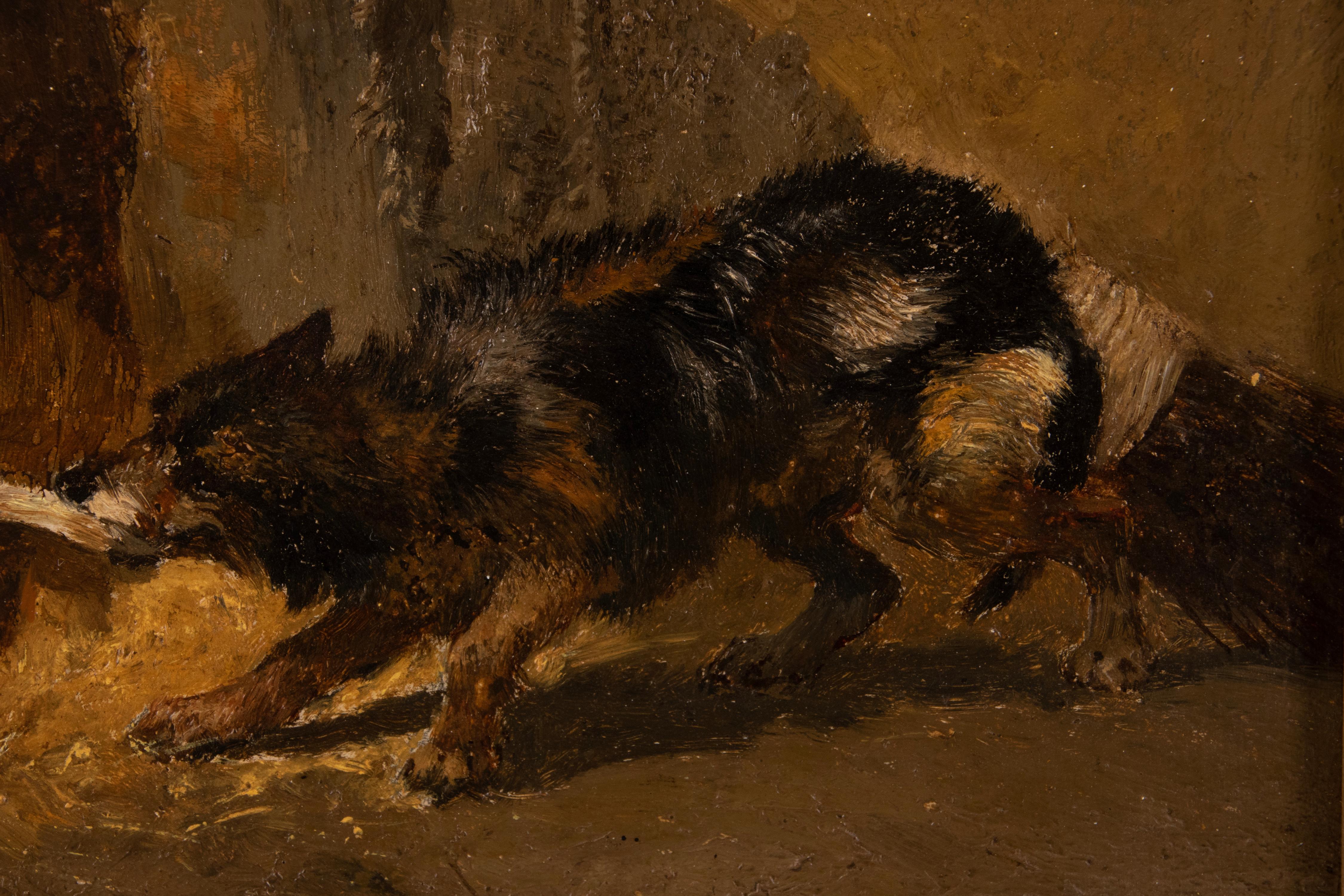 Gesso Mid 19th Century Oil Painting Dogs by Joseph Stevens For Sale