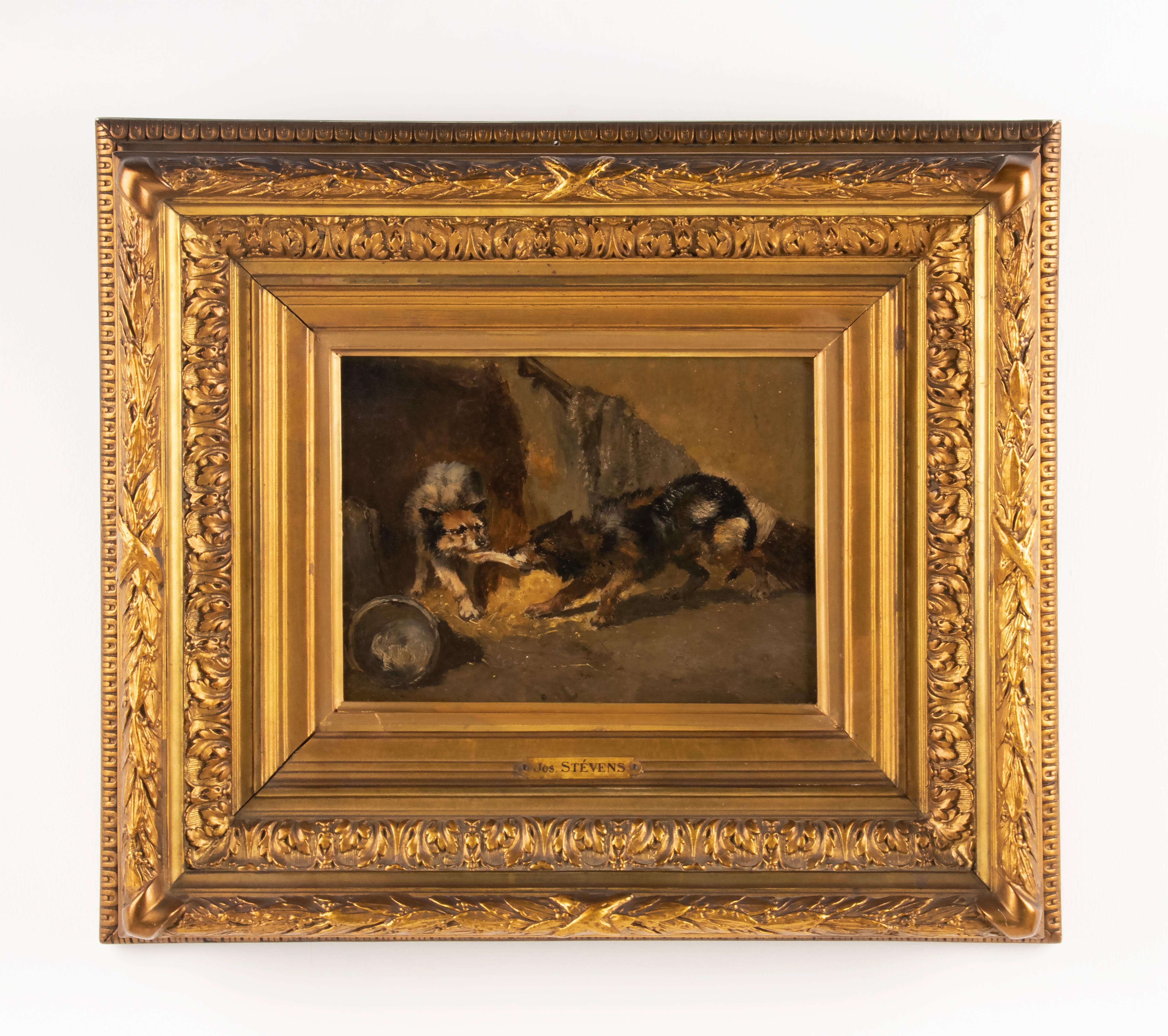 Peinture à l'huile du milieu du 19e siècle Chiens par Joseph Stevens Bon état - En vente à Casteren, Noord-Brabant