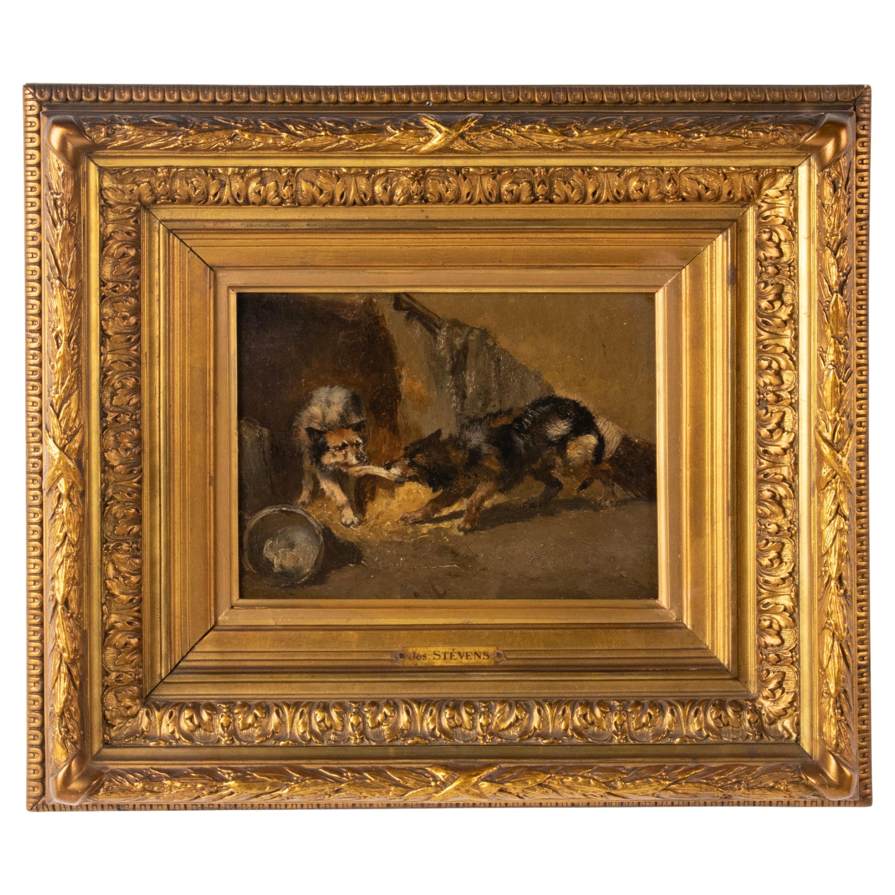 Peinture à l'huile du milieu du 19e siècle Chiens par Joseph Stevens