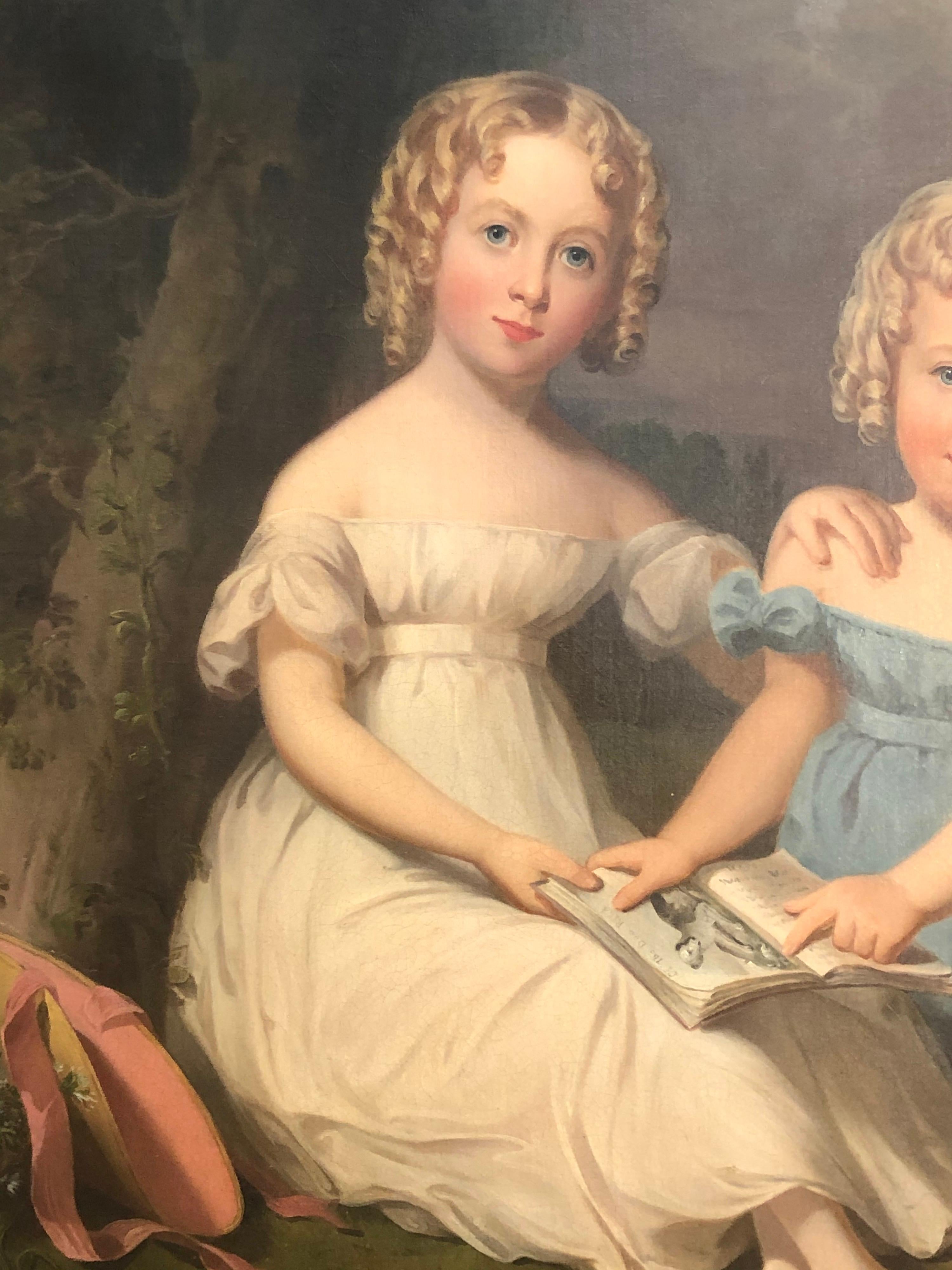 Neoclassical Mid-19th Century Oil Portrait of Sisters