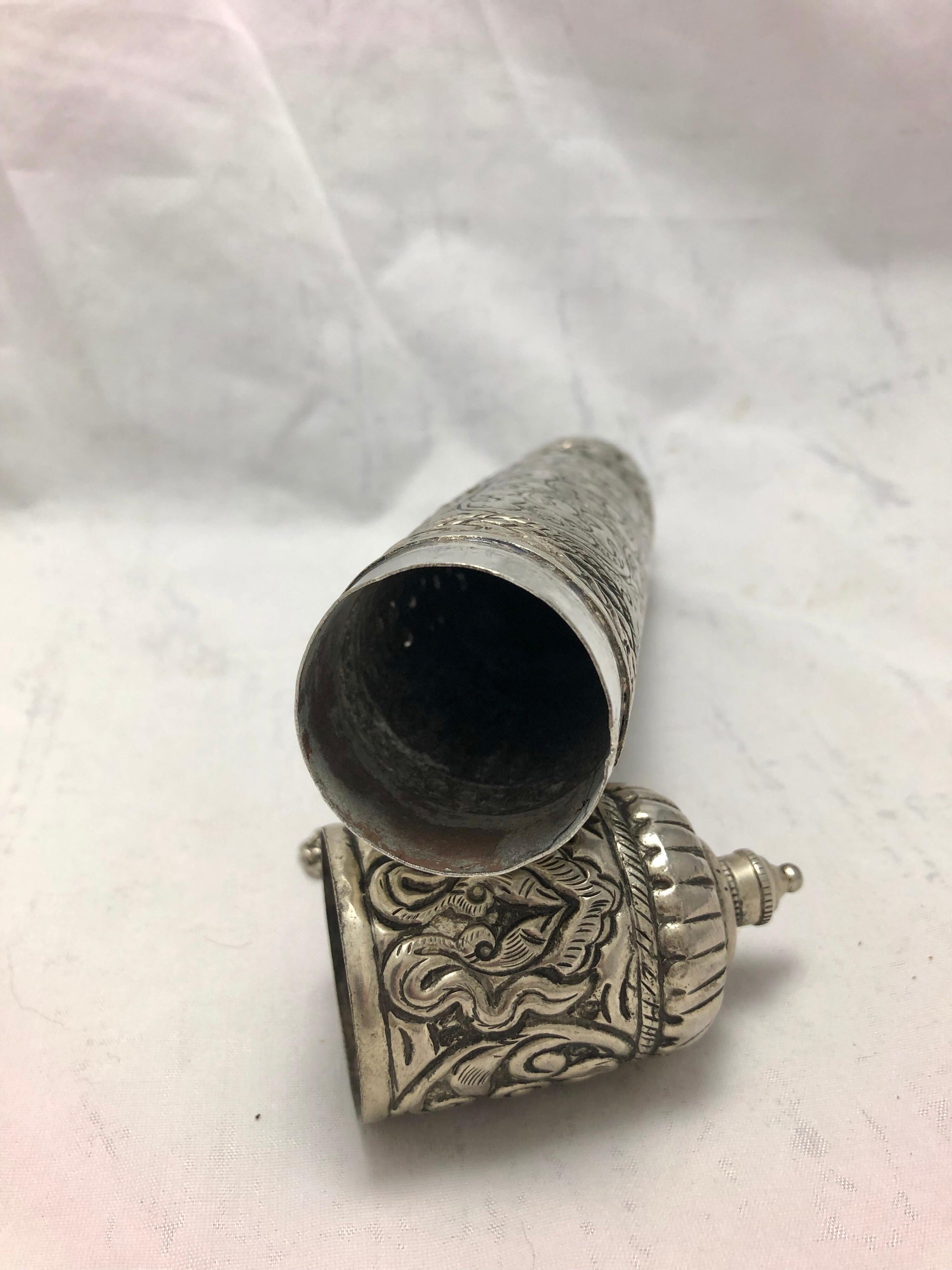 Islamic Mid-19th Century Ornate Silver Scroll Holder, Moroccan Jewish Judaica Antique For Sale