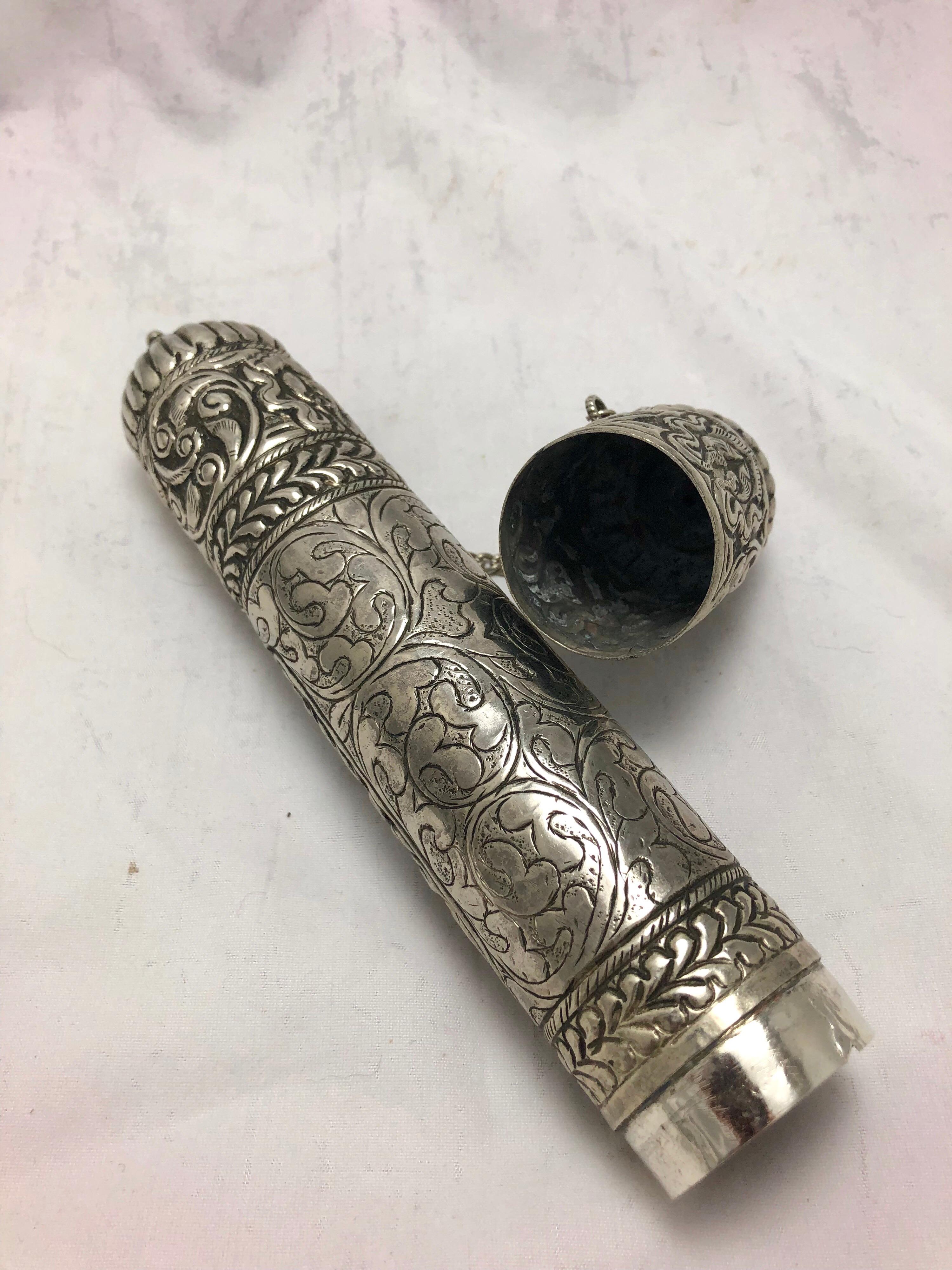 Etched Mid-19th Century Ornate Silver Scroll Holder, Moroccan Jewish Judaica Antique For Sale