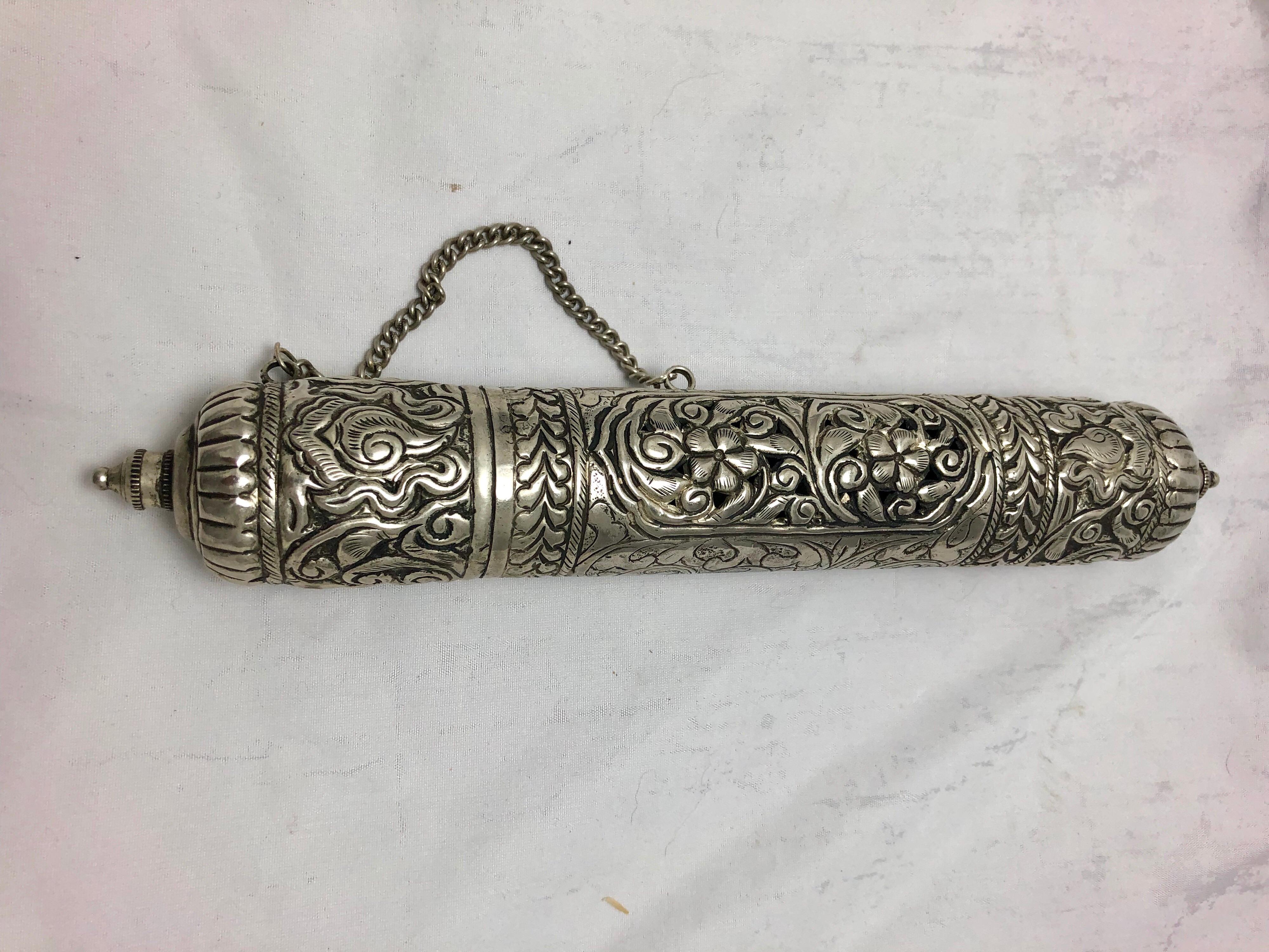 Mid-19th Century Ornate Silver Scroll Holder, Moroccan Jewish Judaica Antique In Good Condition For Sale In Vineyard Haven, MA