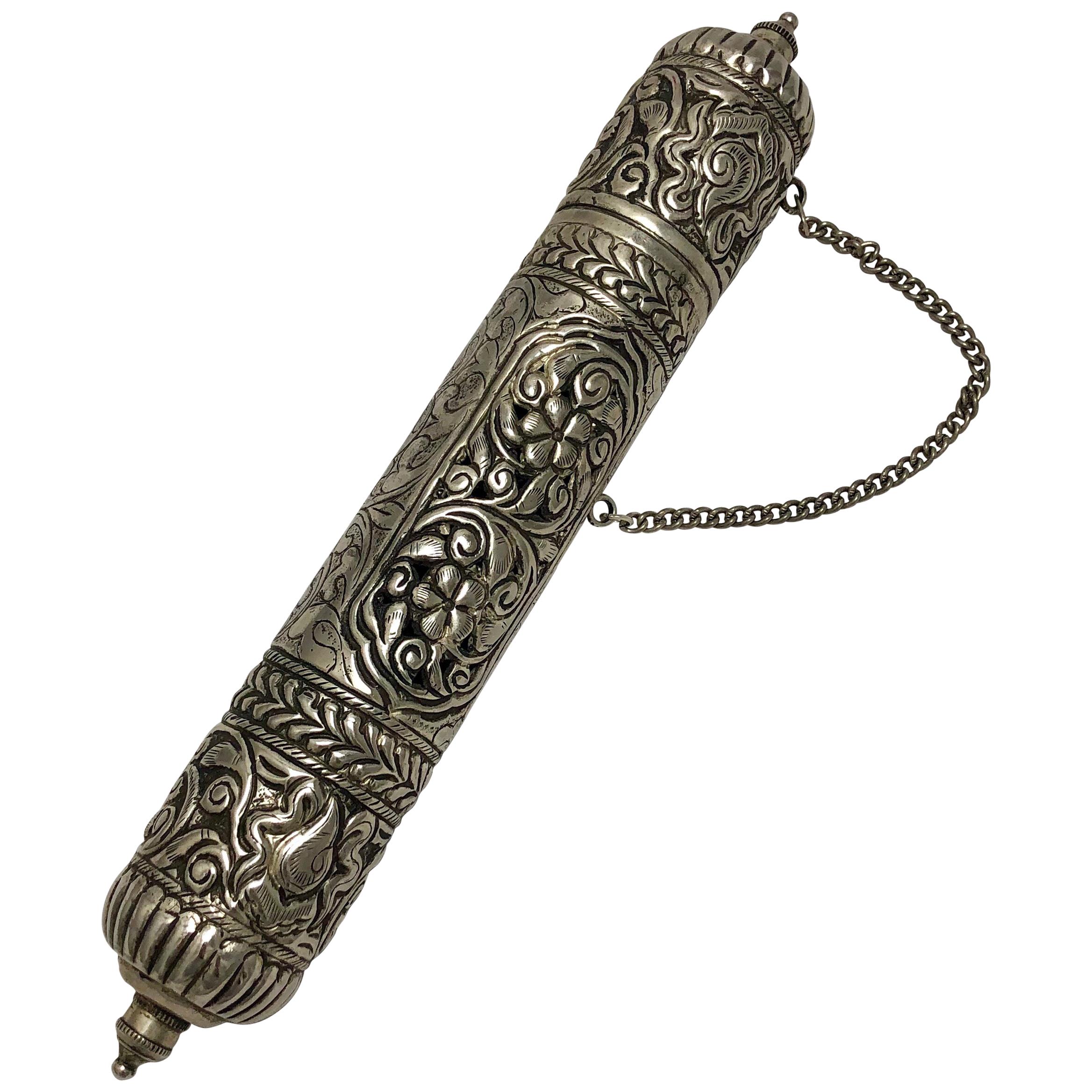 Mid-19th Century Ornate Silver Scroll Holder, Moroccan Jewish Judaica Antique For Sale