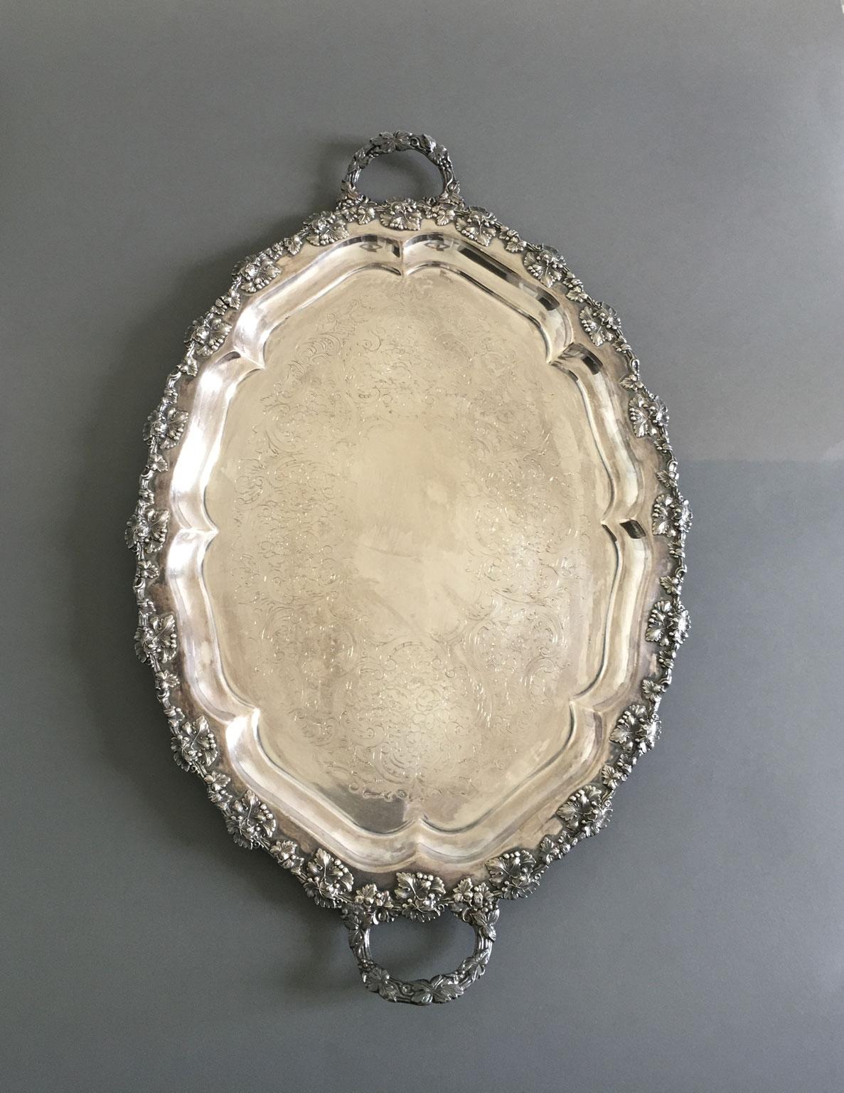 Mid-19th Century Oval Engraved Sheffield Tray with Handles For Sale 3
