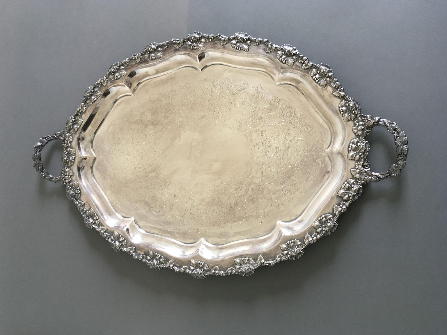 Mid-19th Century Oval Engraved Sheffield Tray with Handles For Sale 10