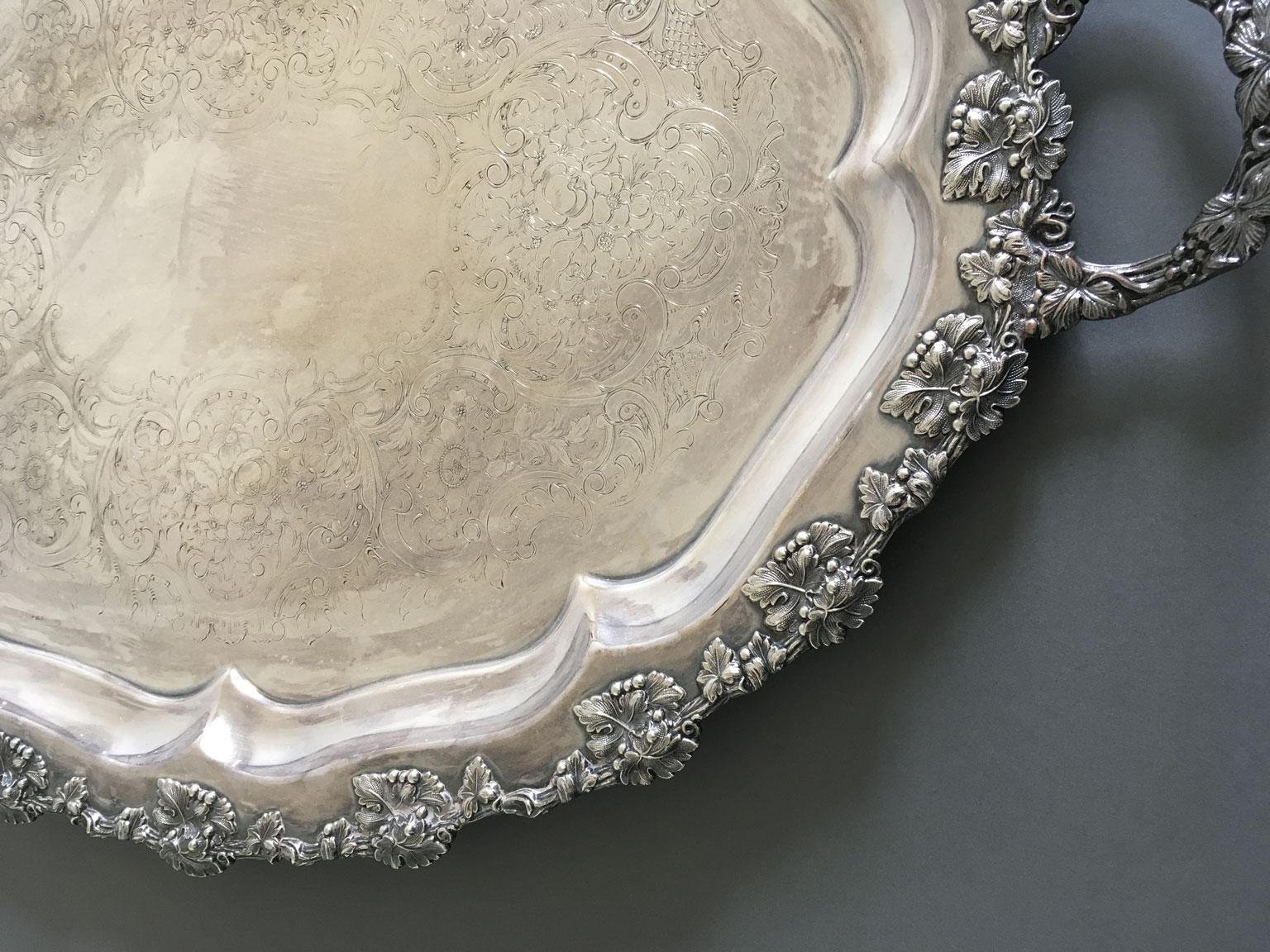 Victorian Mid-19th Century Oval Engraved Sheffield Tray with Handles For Sale