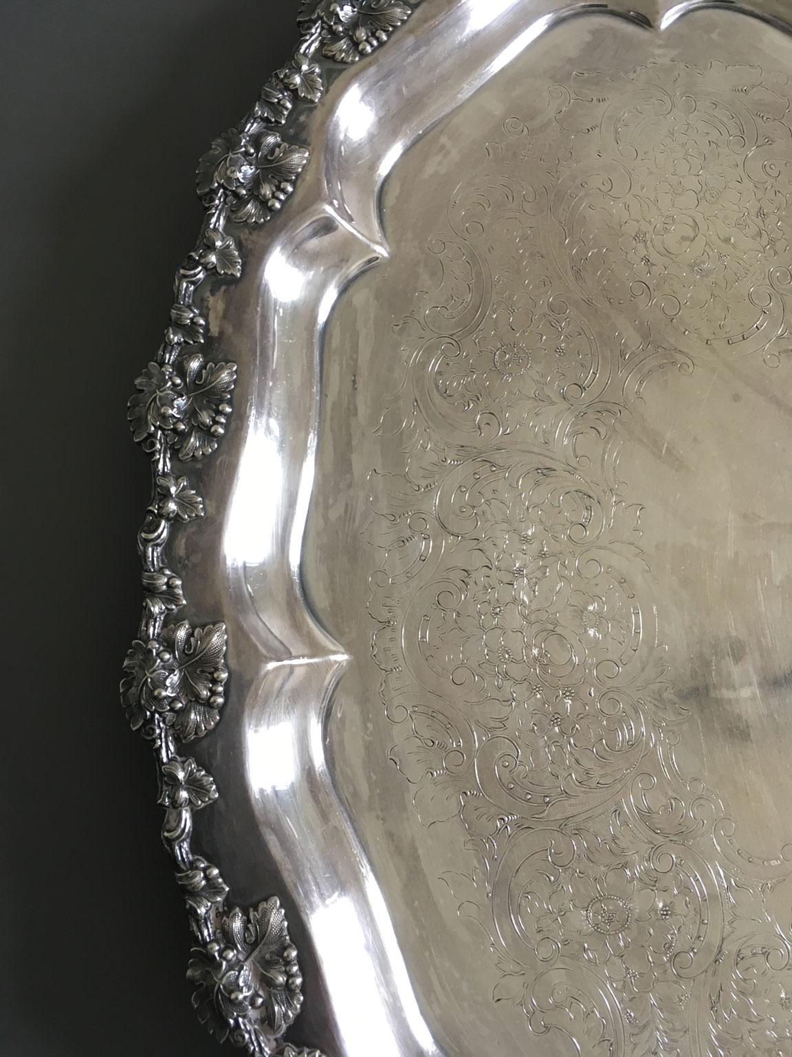 British Mid-19th Century Oval Engraved Sheffield Tray with Handles For Sale