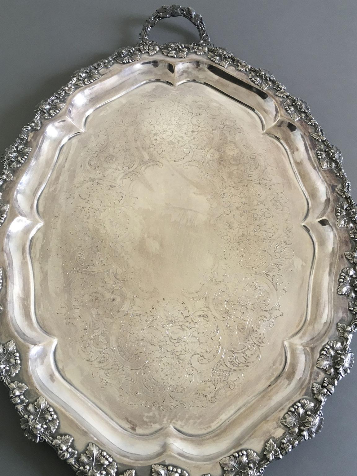 Sheffield Plate Mid-19th Century Oval Engraved Sheffield Tray with Handles For Sale