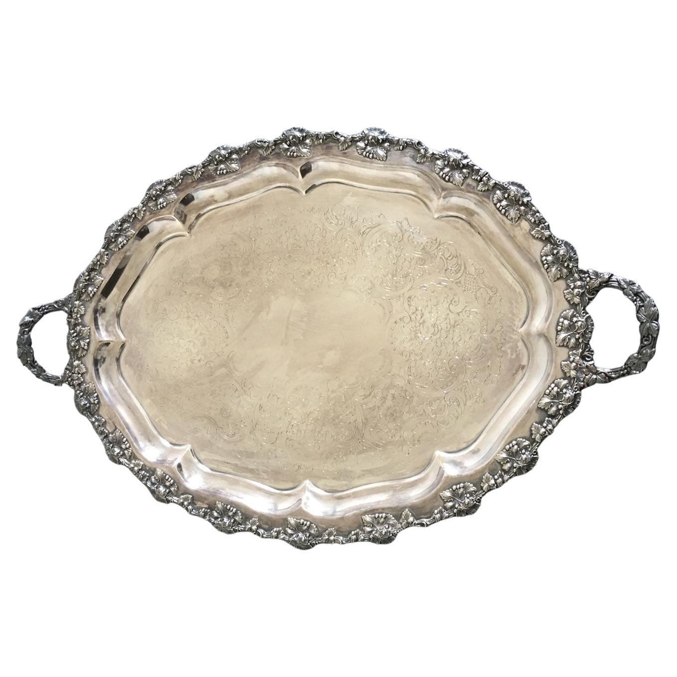 Mid-19th Century Oval Engraved Sheffield Tray with Handles For Sale