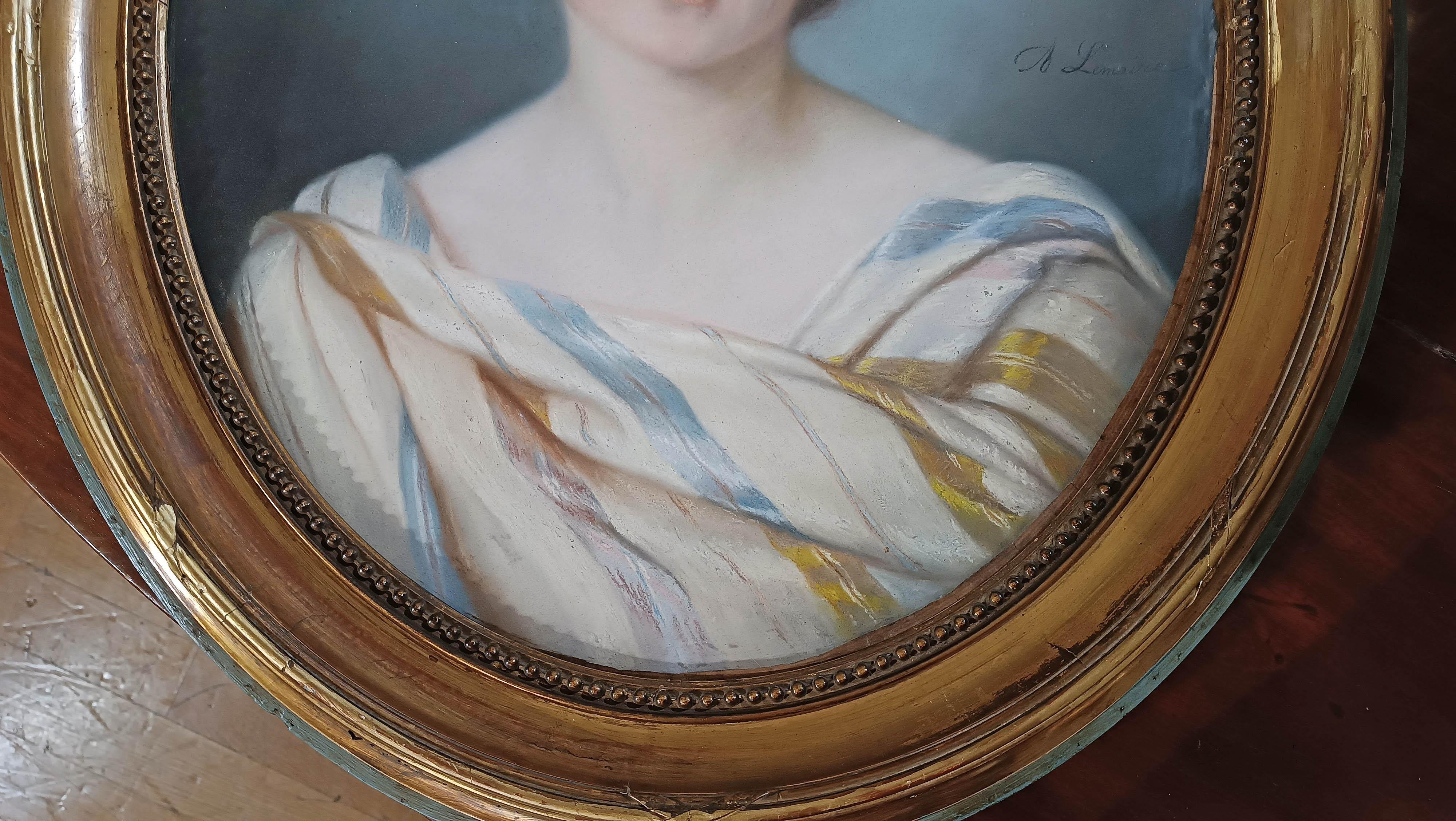 MID-19th CENTURY OVAL PASTEL PAINTING WITH YOUNG WOMAN in vendita 1