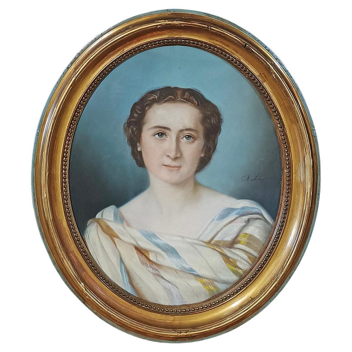 MID-19th CENTURY OVAL PASTEL PAINTING WITH YOUNG WOMAN in vendita
