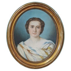 MID-19th CENTURY OVAL PASTEL PAINTING WITH YOUNG WOMAN