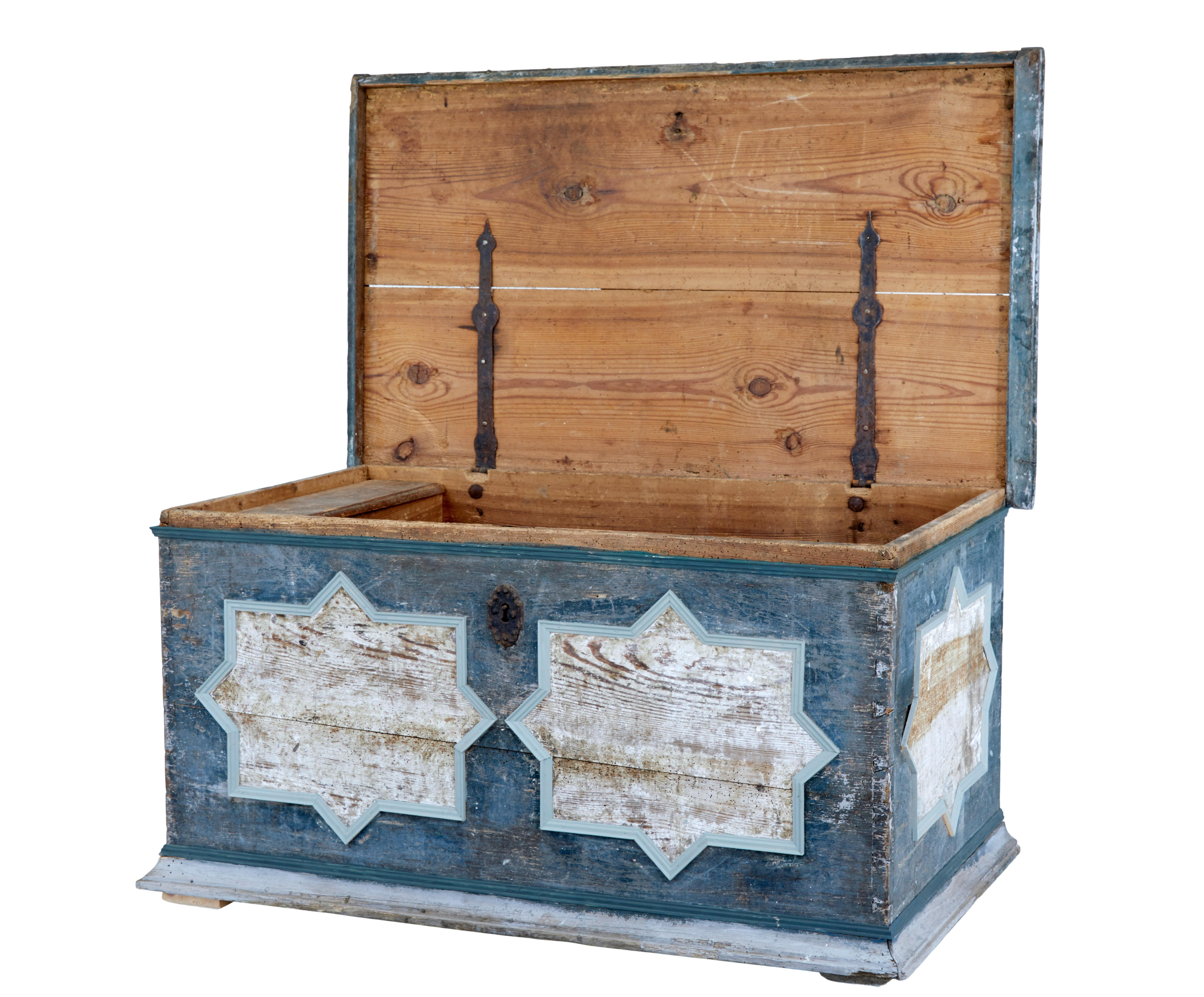 Mid 19th century painted pine blanket chest circa 1840.

Good quality mid 19th century painted pine box which is likely to be from scandinavia.  Flat 2 plank top with moulded edge, original paint to top, front back and sides, with replaced moulded