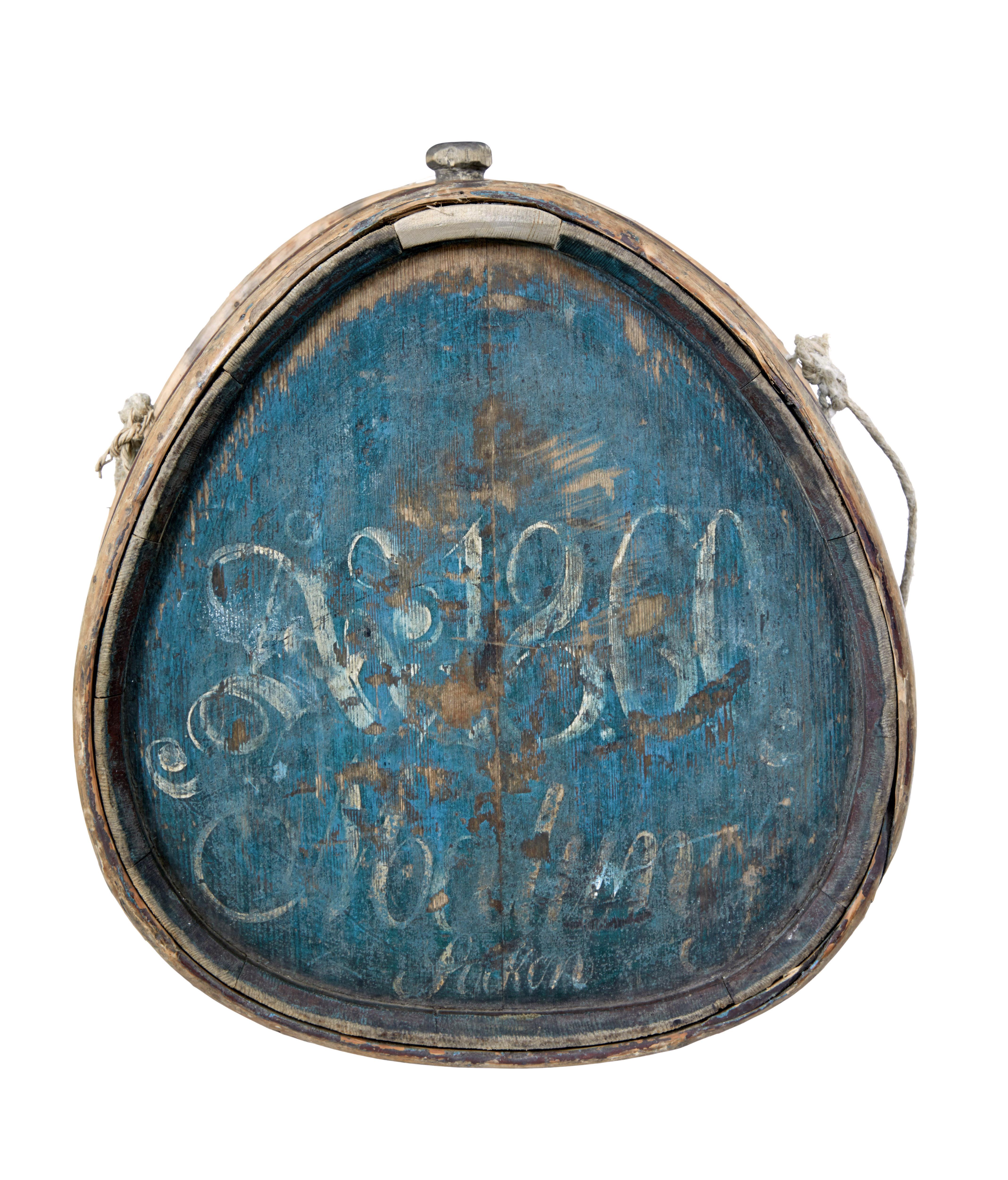 Mid-19th Century painted Swedish water carrier, circa 1860.

Although we have seen many of these on our travels this one without doubt is the best. In original blue/green paint, clearly dated 1860 and other writing which is not clear enough for an