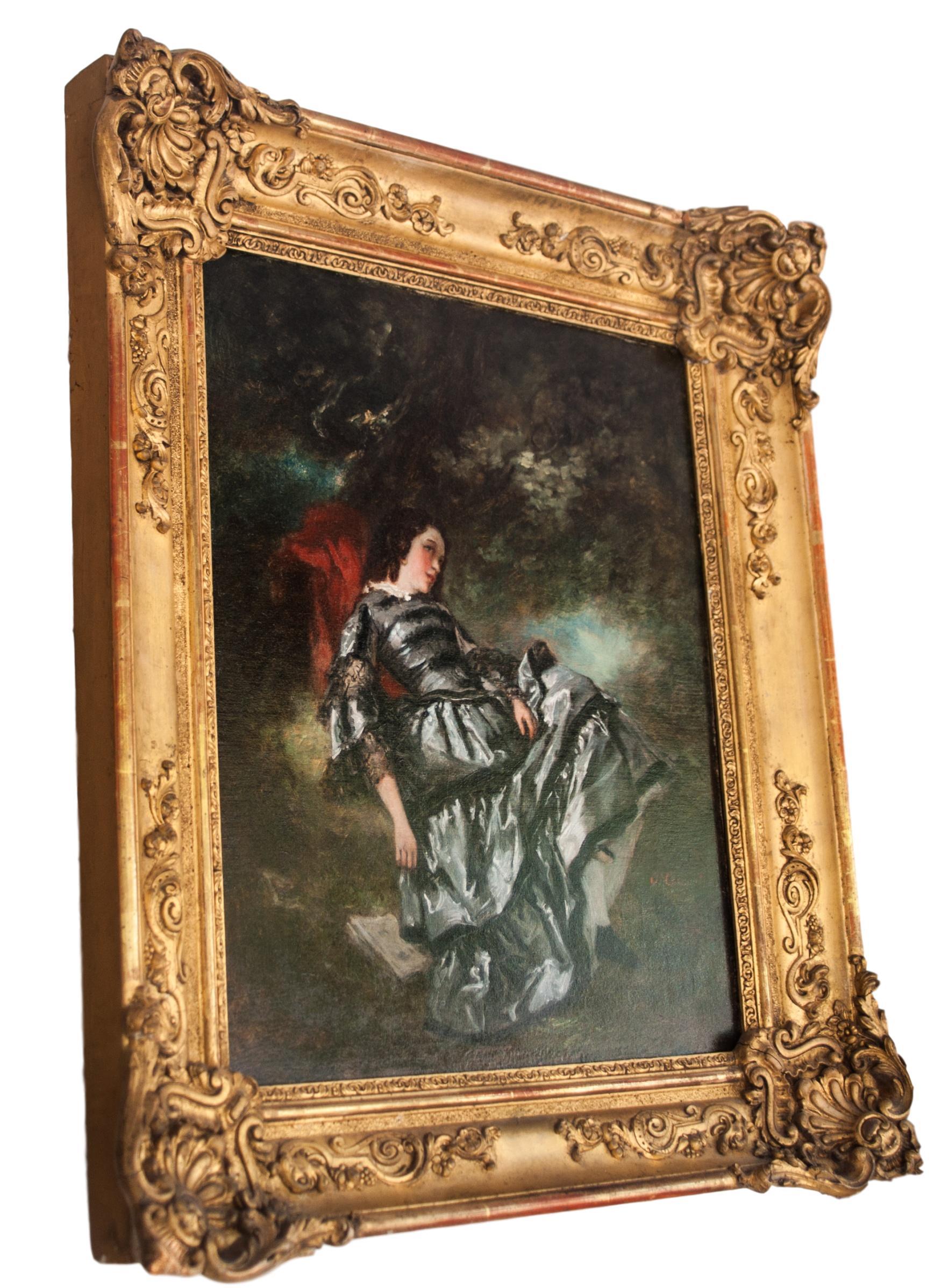 ARTIST: Nicolas François Octave Tassaert (French, 1800-1874) 
MEDIUM: Oil on canvas
TITLE: 'A lady in an elegant dress reclining under a tree' 
YEAR: circa. 1850
SIGNATURE: signed 'O. Tassaert' lower right  
SIZE: Canvas, W-15 x D-1.75 x H-18.3