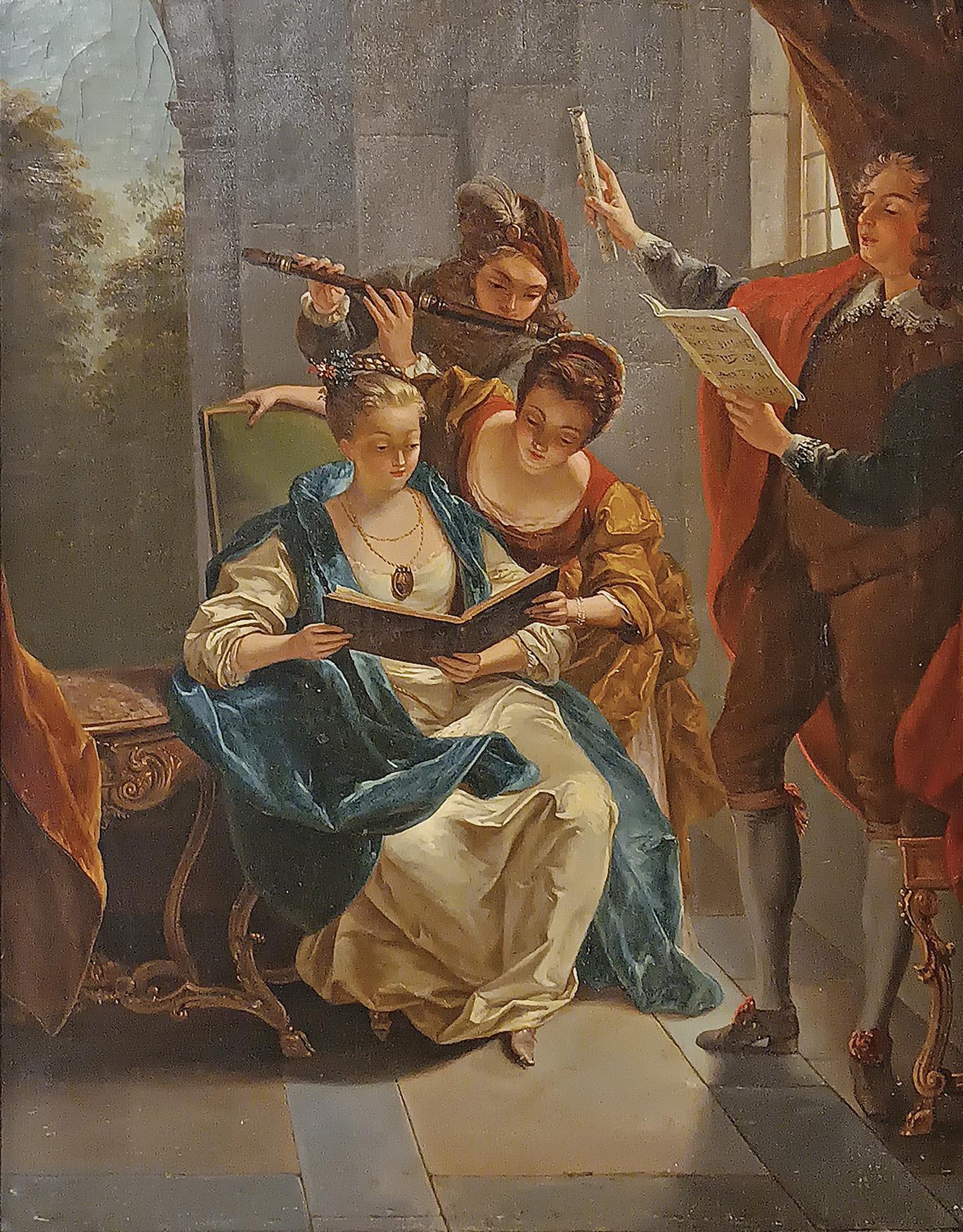 Beautiful oil painting on canvas inserted in a contemporary frame in carved wood and gilded with pure gold leaf. The scene depicts a small concert in the portico of a villa, with furnishings such as a gilded console and a surrounding landscape