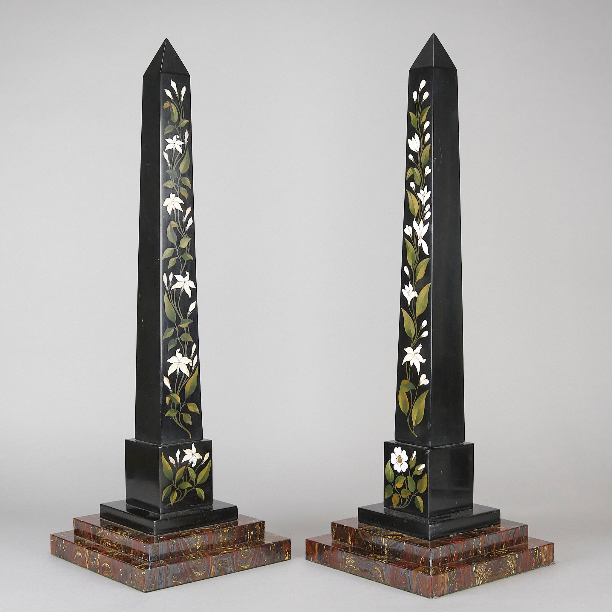 Art Nouveau Mid 19th Century Pair of Ashford Pietra Dura Obelisks For Sale