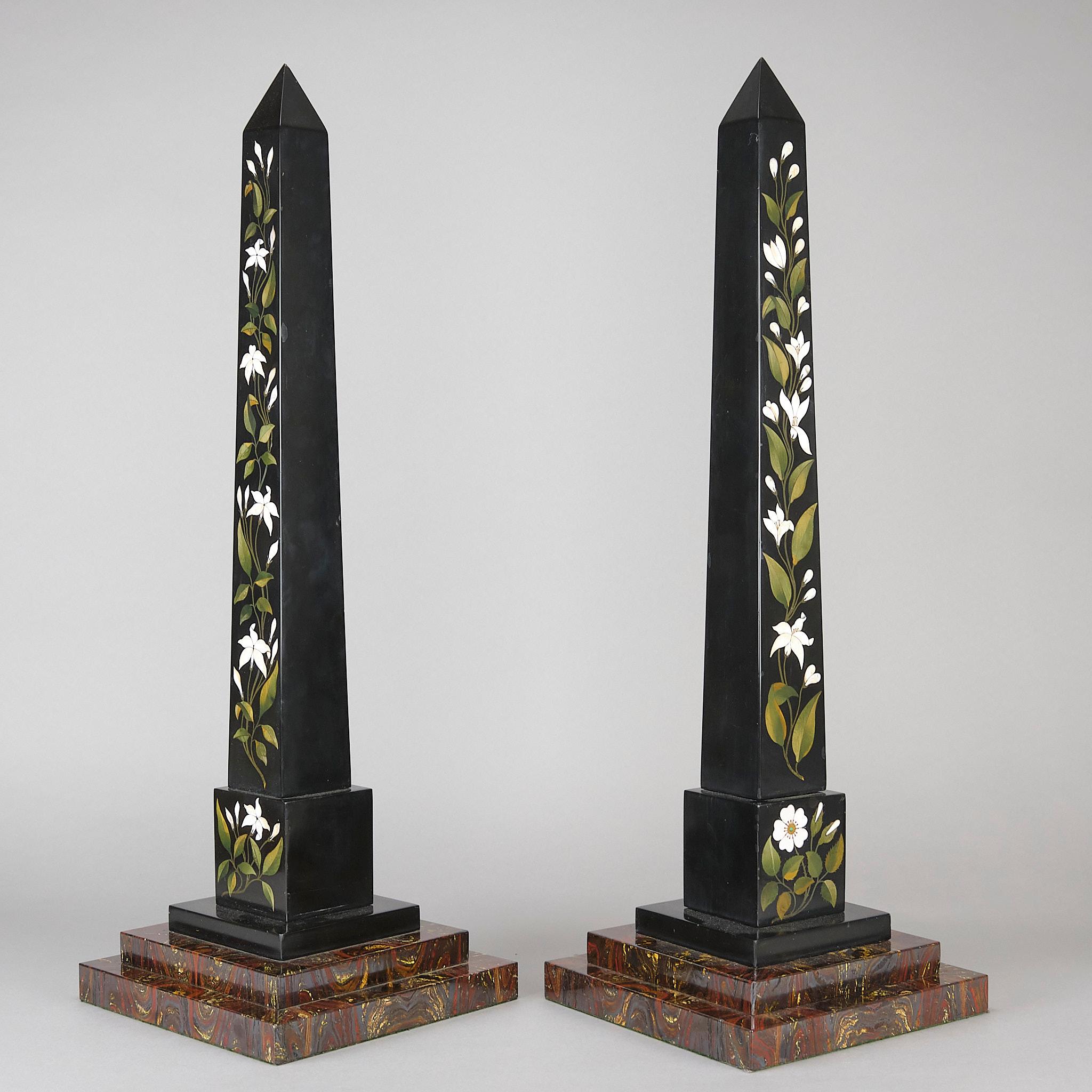 English Mid 19th Century Pair of Ashford Pietra Dura Obelisks For Sale