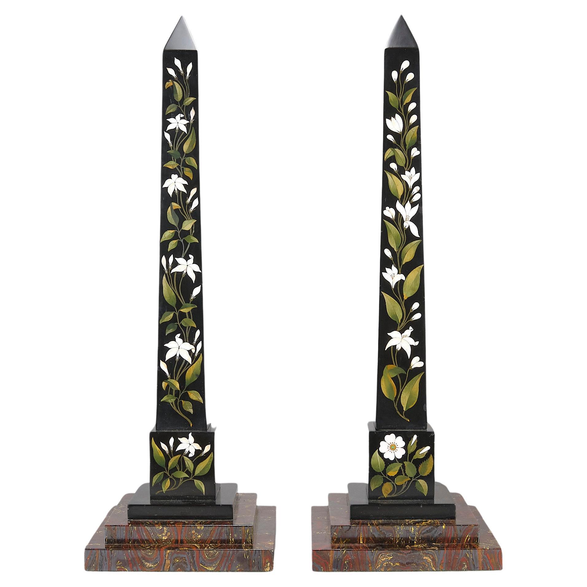Mid 19th Century Pair of Ashford Pietra Dura Obelisks For Sale
