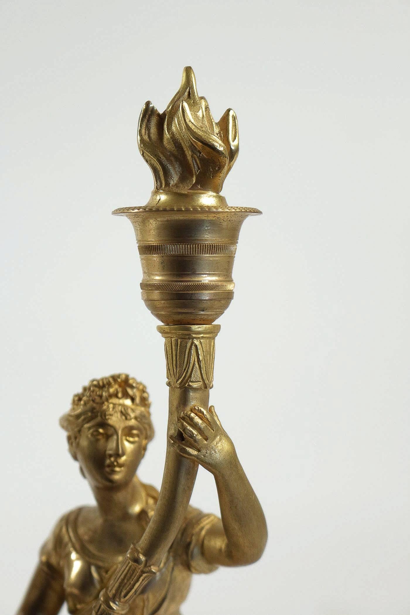 French Mid-19th Century Pair of Candlesticks with Bronze Chiselled Characters For Sale