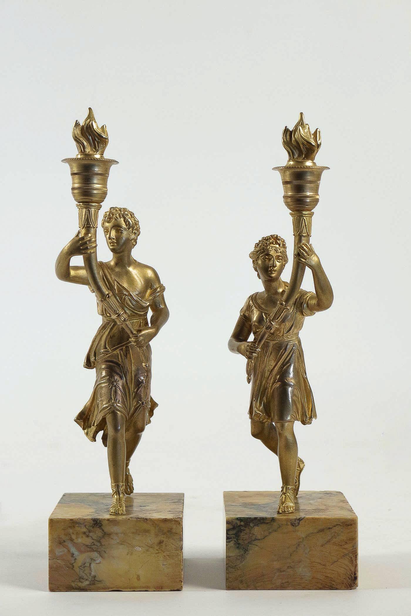 Mid-19th Century Pair of Candlesticks with Bronze Chiselled Characters In Excellent Condition For Sale In Saint Ouen, FR