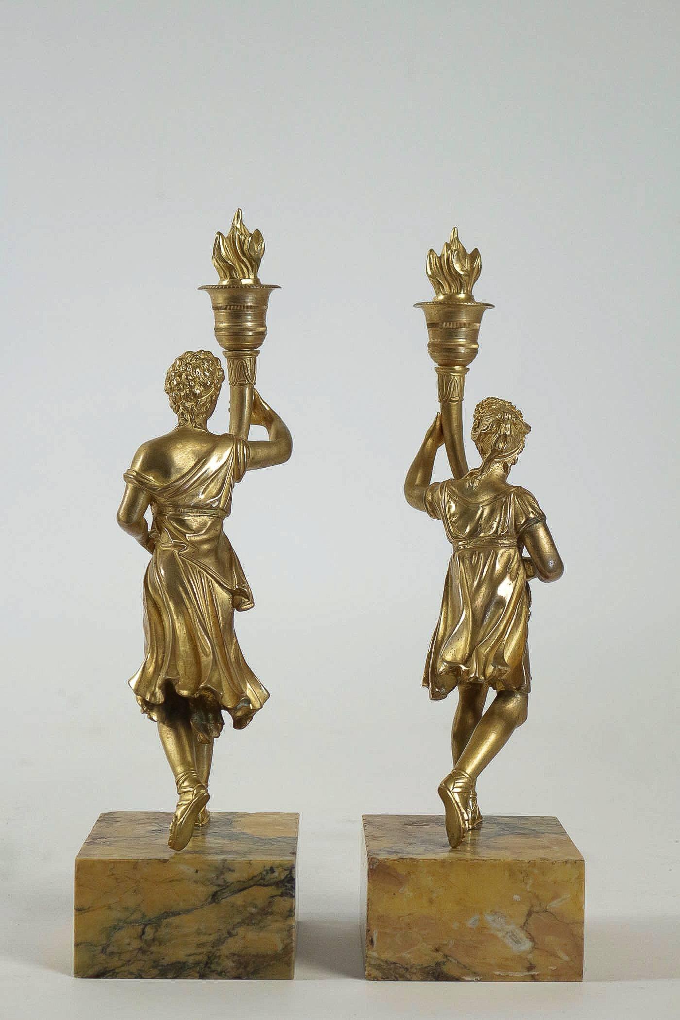 Mid-19th Century Pair of Candlesticks with Bronze Chiselled Characters For Sale 2