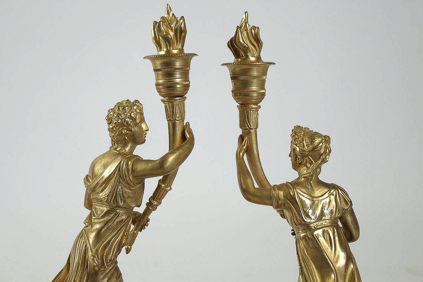 Mid-19th Century Pair of Candlesticks with Bronze Chiselled Characters For Sale 3