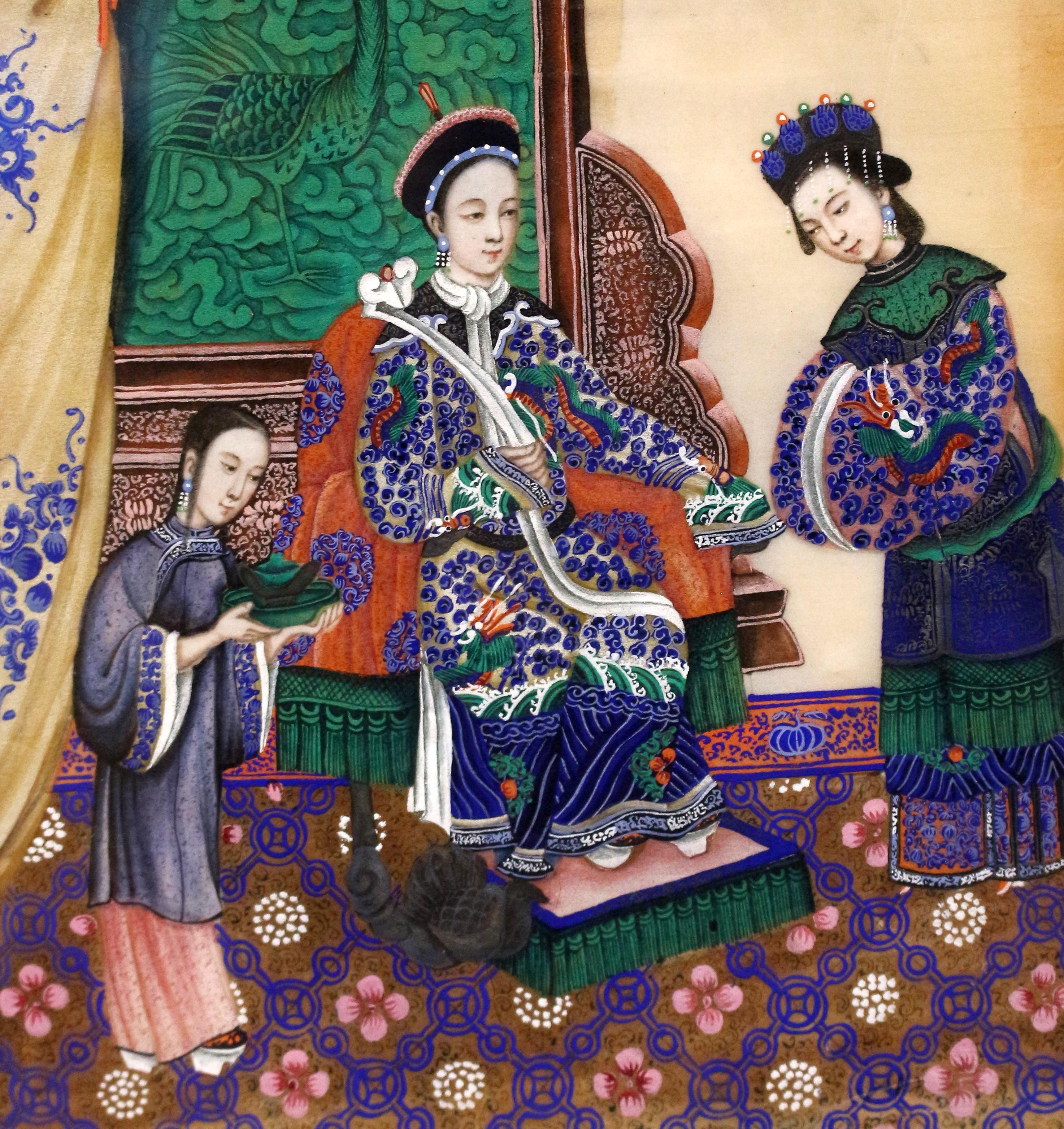 Mid-19th century pair of Chinese portraits painted on rice or pith paper. An official of the Qing dynasty and his wife, set in lushly detailed interiors. From symbols of authority to remarkable interiors, these are superb gouache paintings. Each