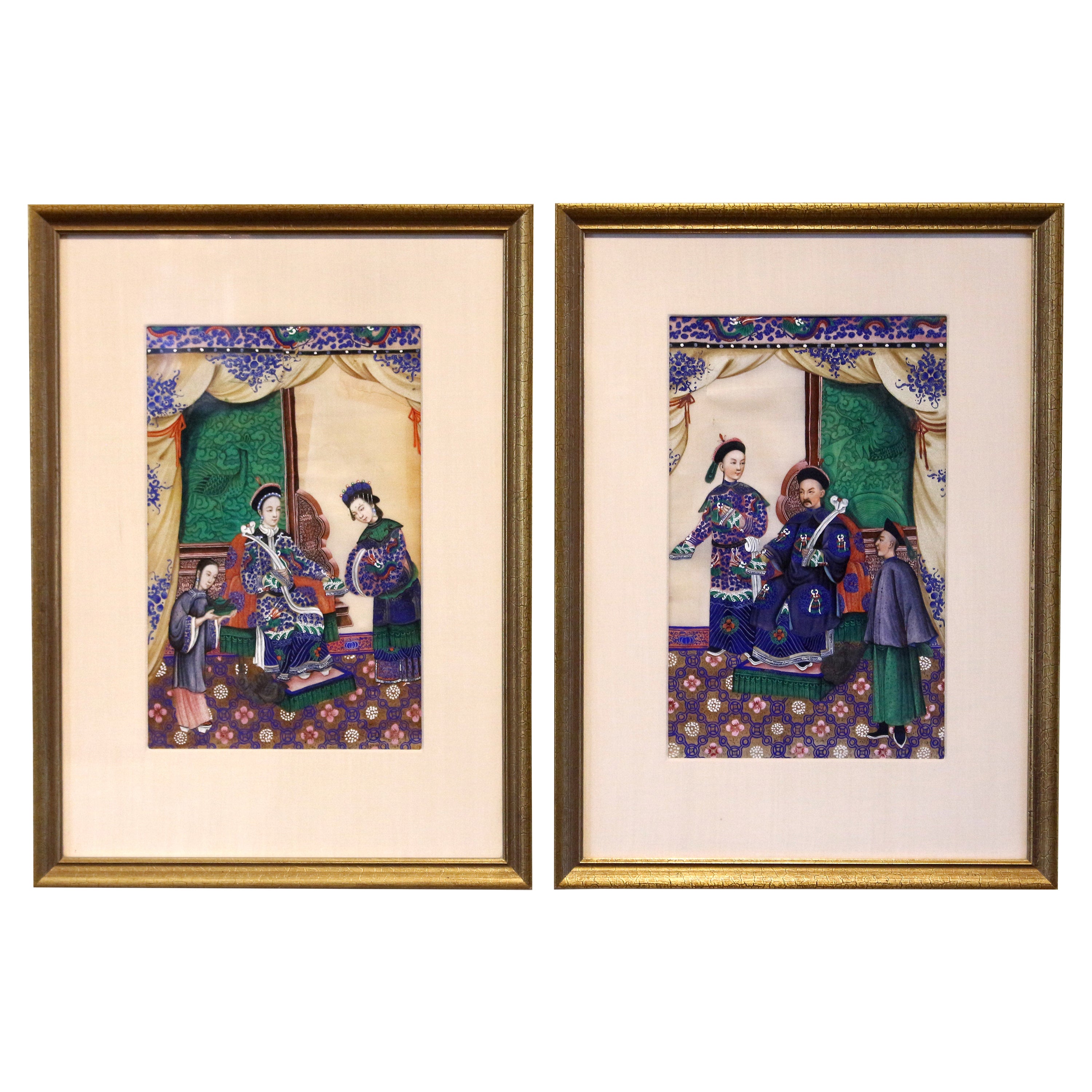 Pareja de retratos chinos al gouache de mediados del siglo XIX