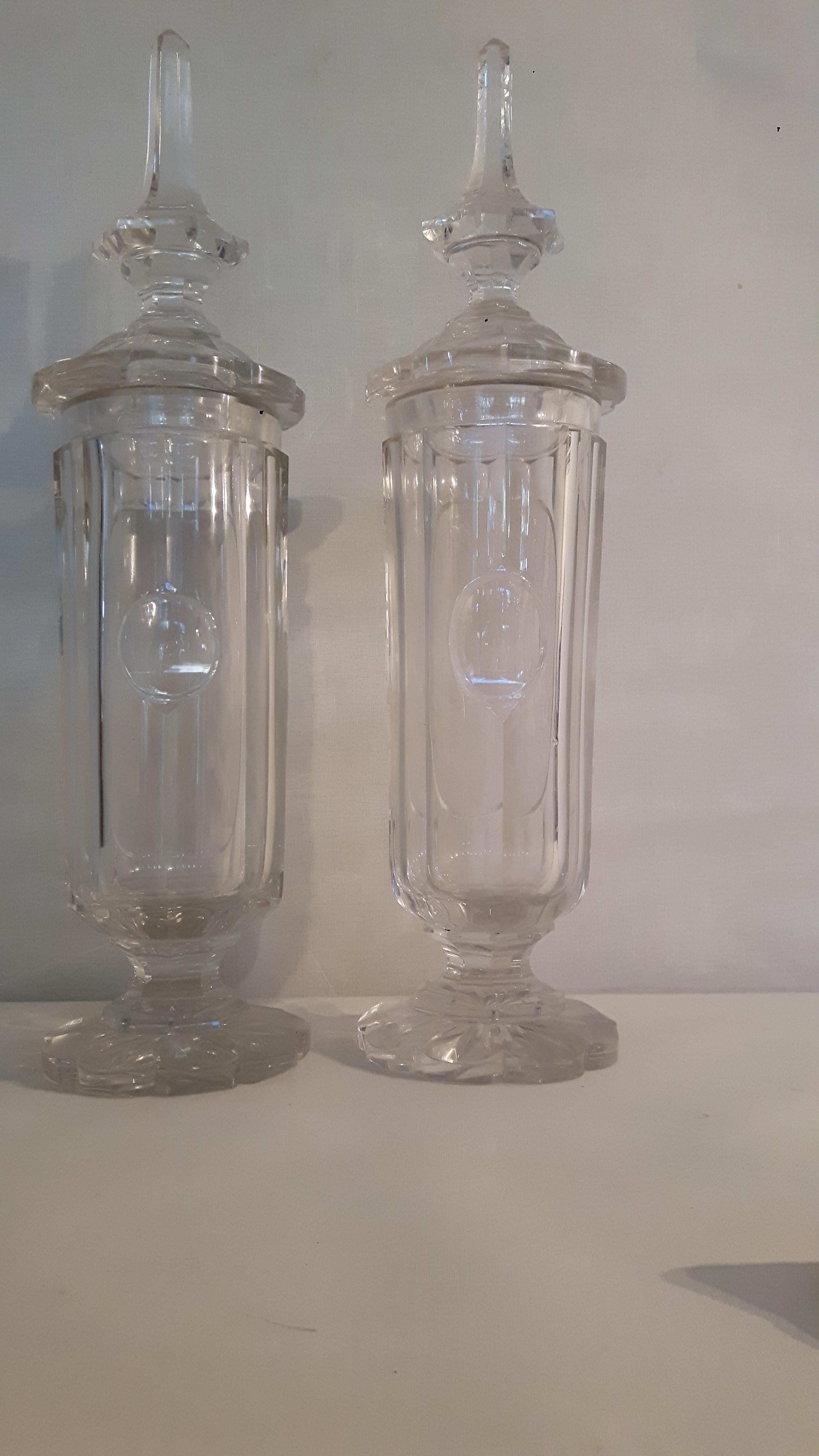 Czech Mid-19th Century Pair of Clear Glass Bohemian Vases For Sale