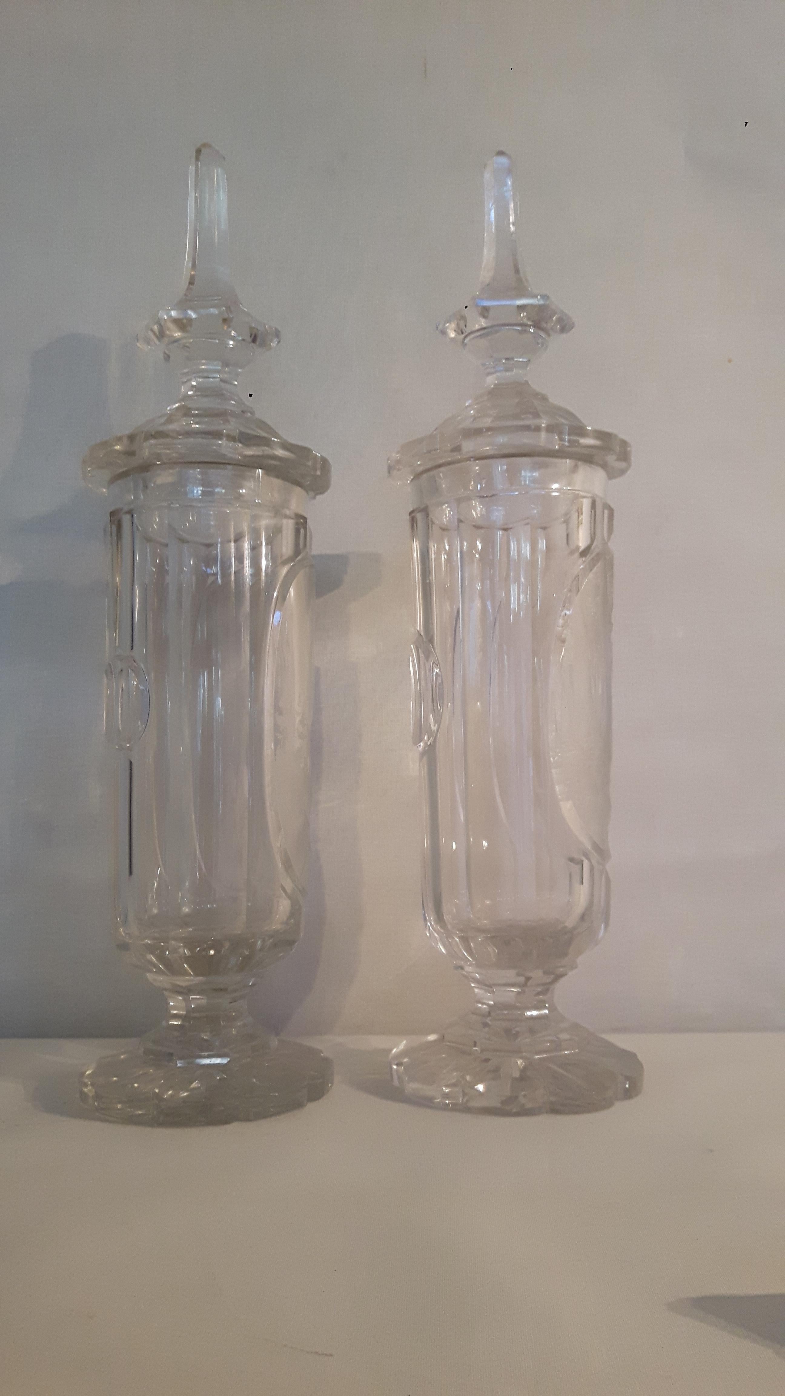 Engraved Mid-19th Century Pair of Clear Glass Bohemian Vases For Sale