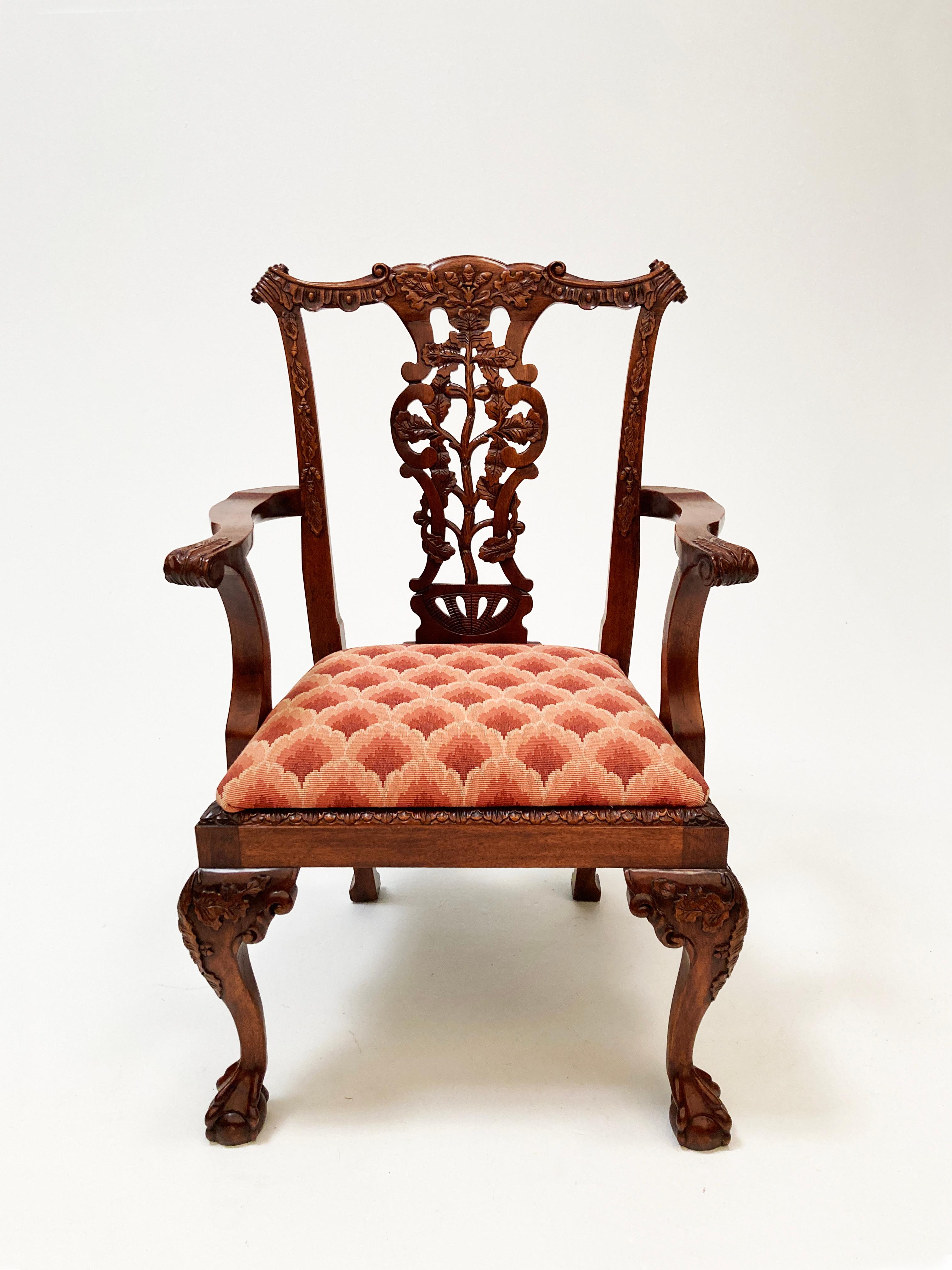 Hand-Carved Mid 19th Century Pair of Early English Mahogany Chippendale Open Arm Chairs For Sale