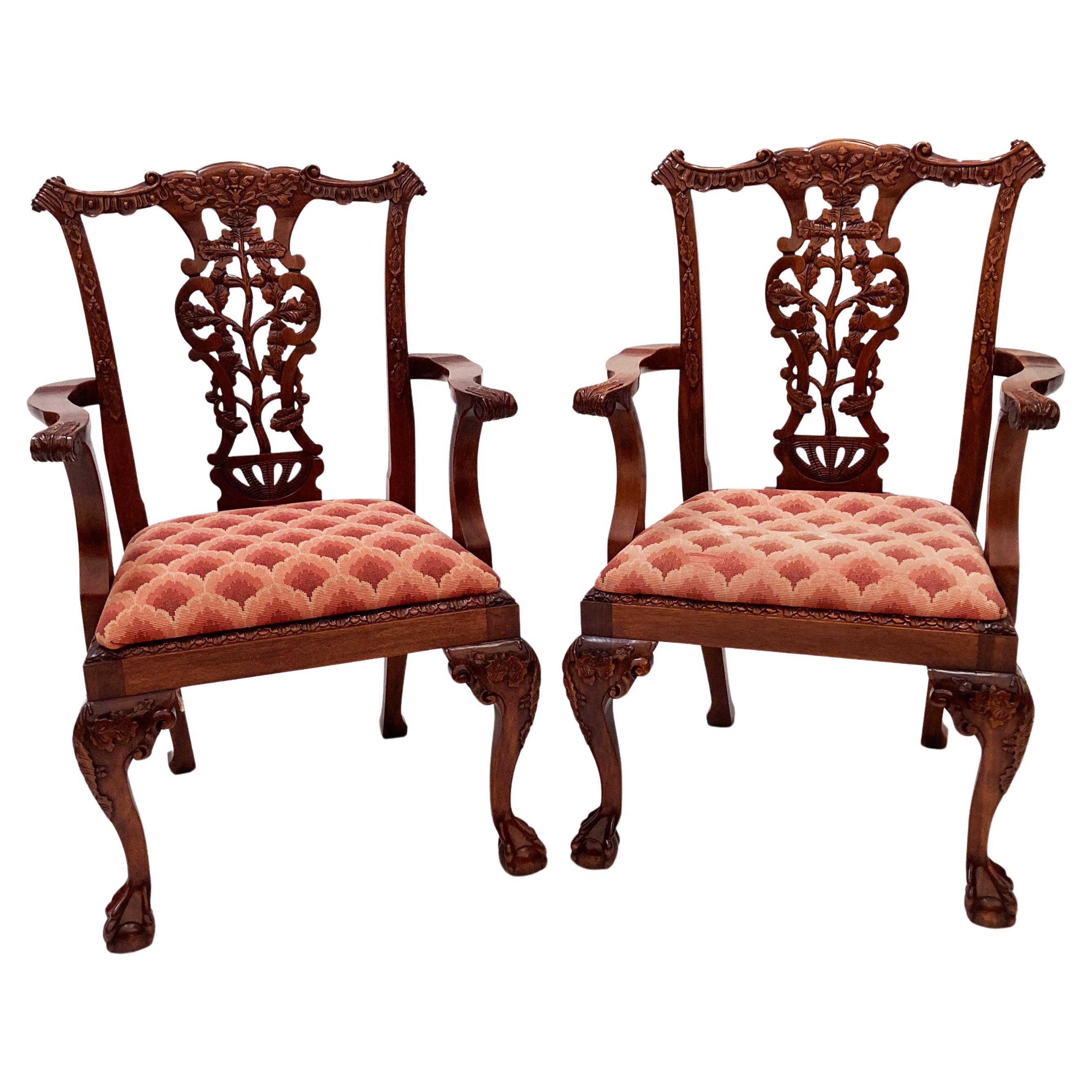 Mid 19th Century Pair of Early English Mahogany Chippendale Open Arm Chairs