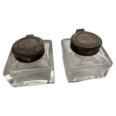 Mid 19th Century Pair of English Inkwells with Silver Plated Hinged Lids