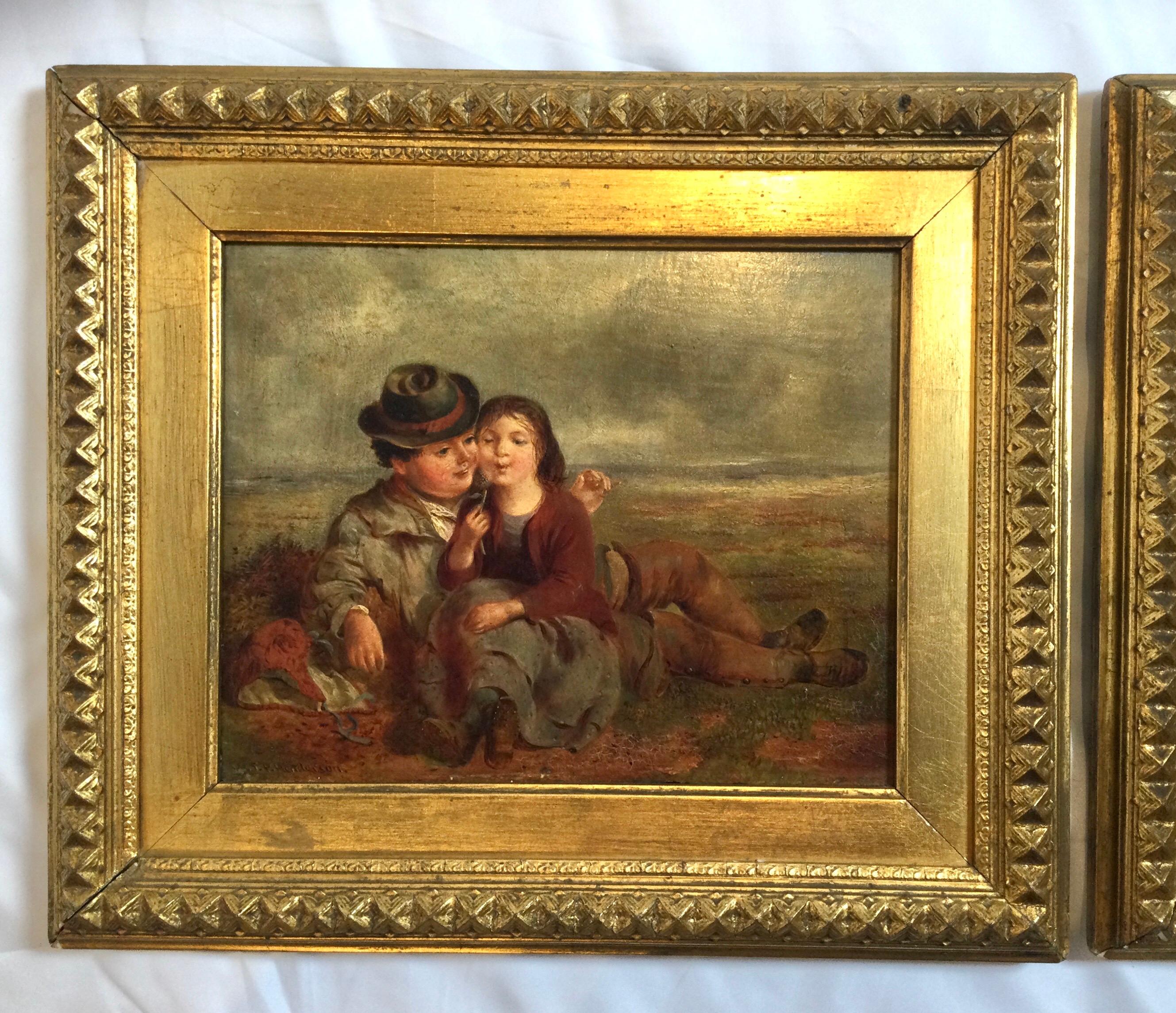 A pair of oil paintings on board in early giltwood frames, England circa 1840-1850. One titles 